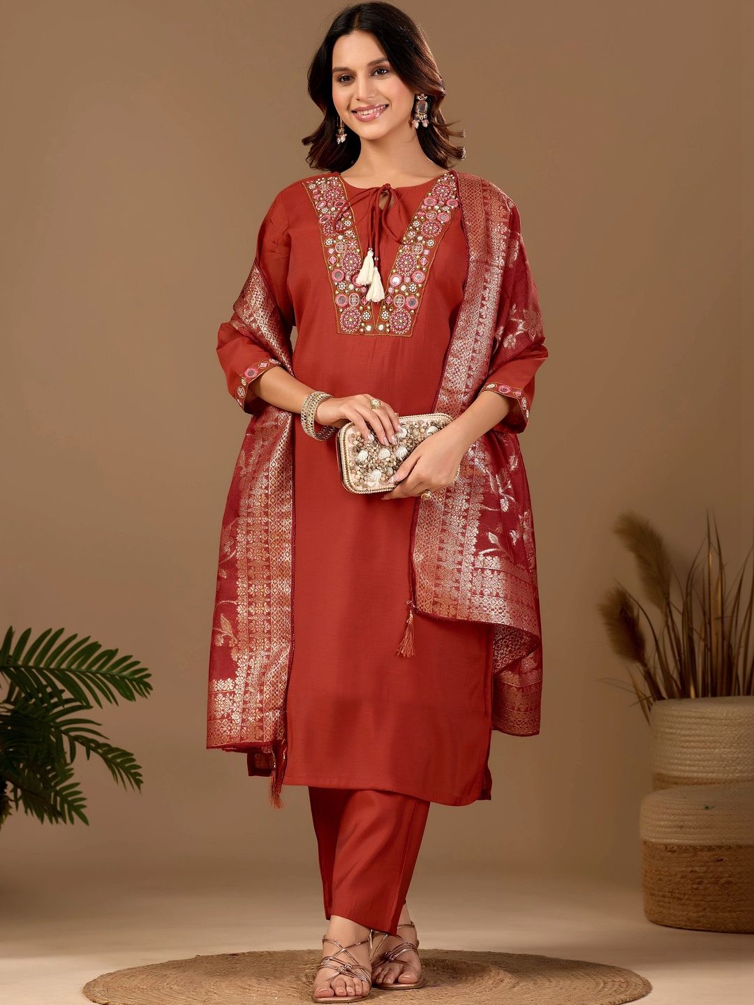 Maroosh Women Ethnic Motifs Embroidered Regular Mirror Work Chanderi Cotton Kurta with Trousers & With-picture-10