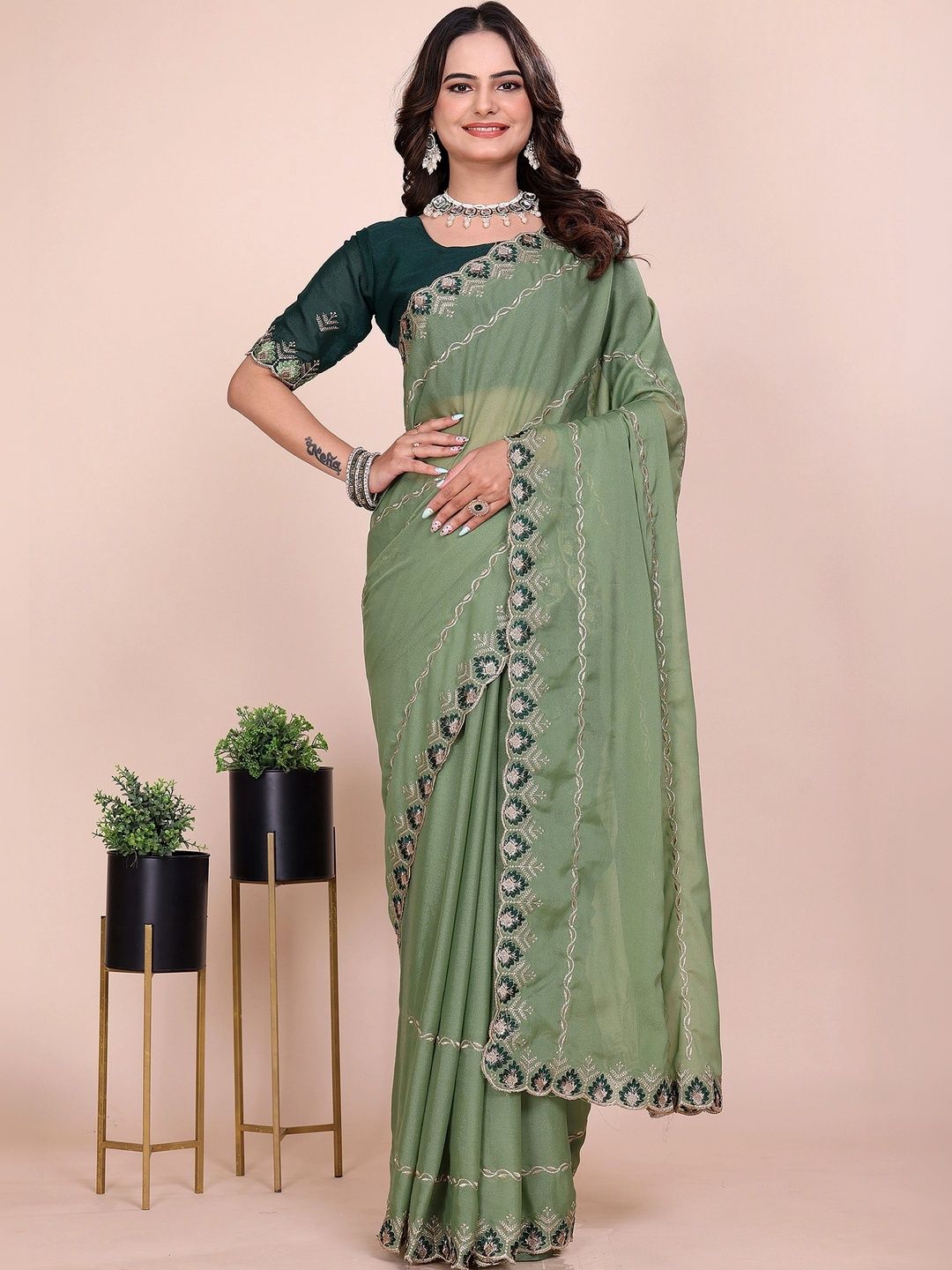 all about you Ethnic Motifs Embroidered Poly Georgette Designer Saree-image-10
