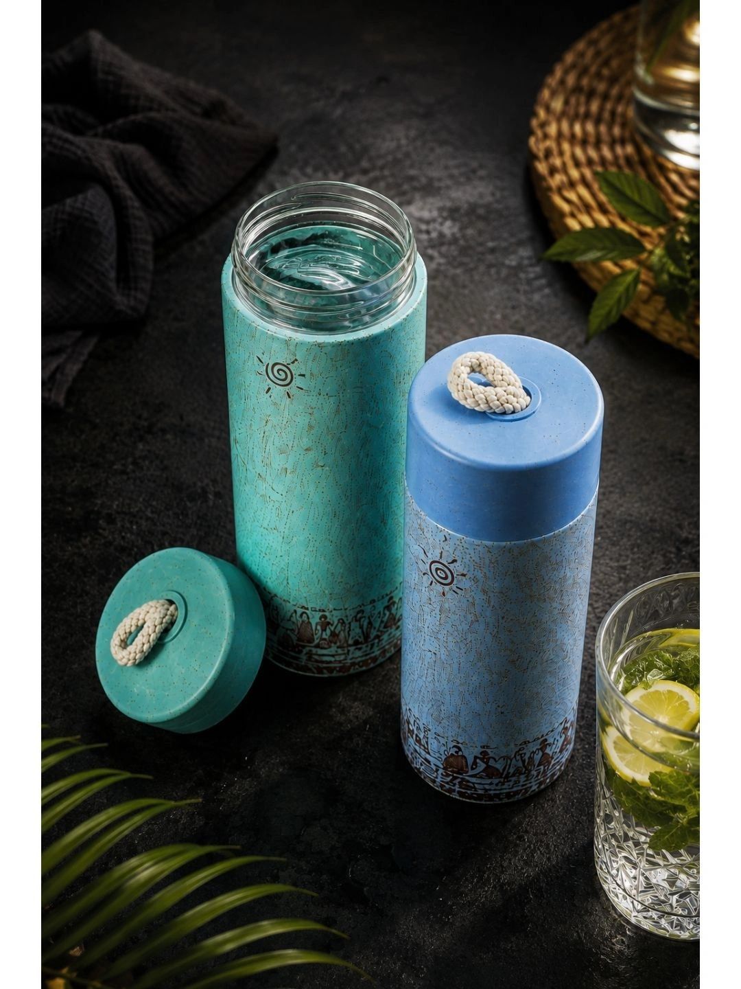 RUHANI HOMES Multicoloured & Blue Set of 2 Glass Abstract Water Bottle-picture-22