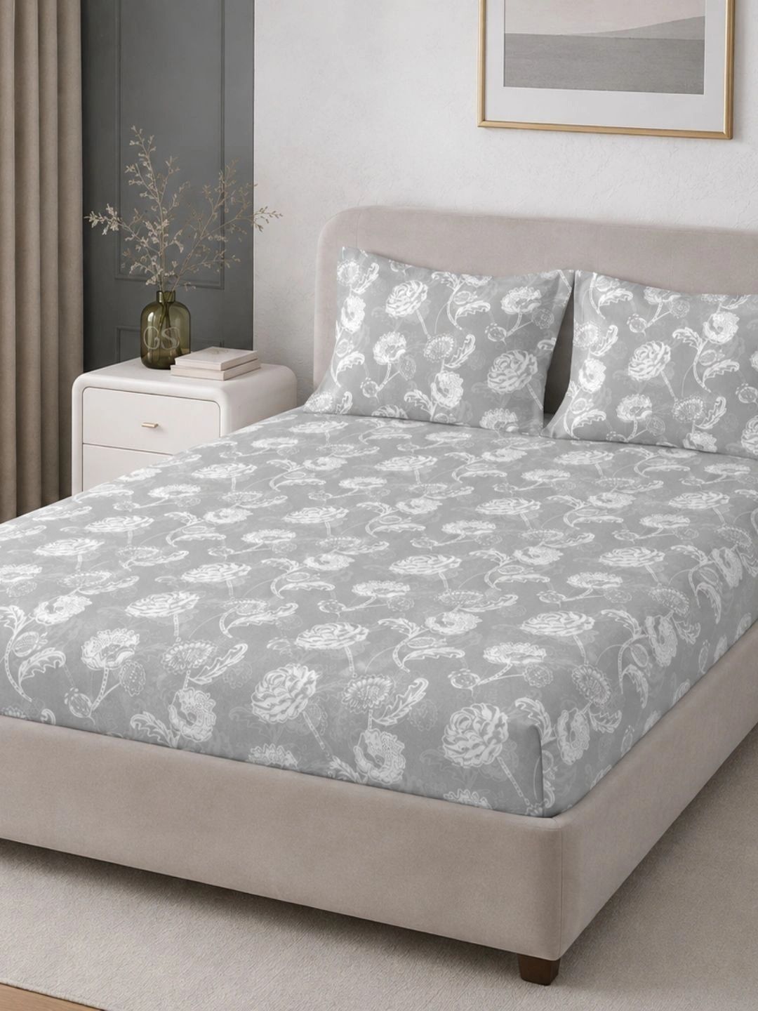 Sleeping Owls- because your sleep matters Grey Floral 220 TC King Bedsheet with 2 Pillow Covers-picture-15