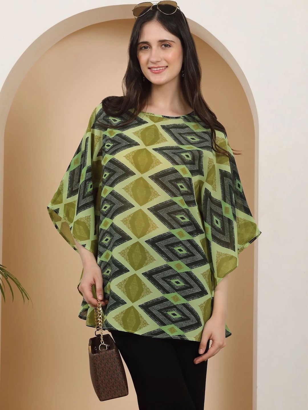 SZN Geometric Print Batwing Sleeve Georgette Kaftan Top-image-10