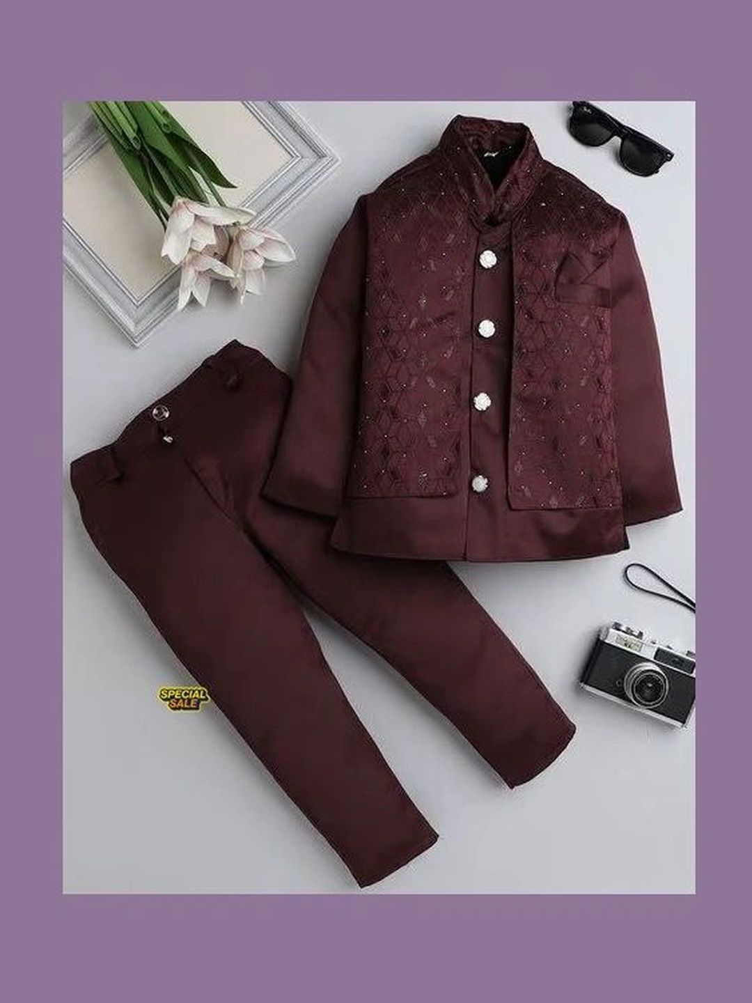 eliteeleganceapparel Boys Self Design Mandarin Collar Single-Breasted Three-Piece Suit-picture-32