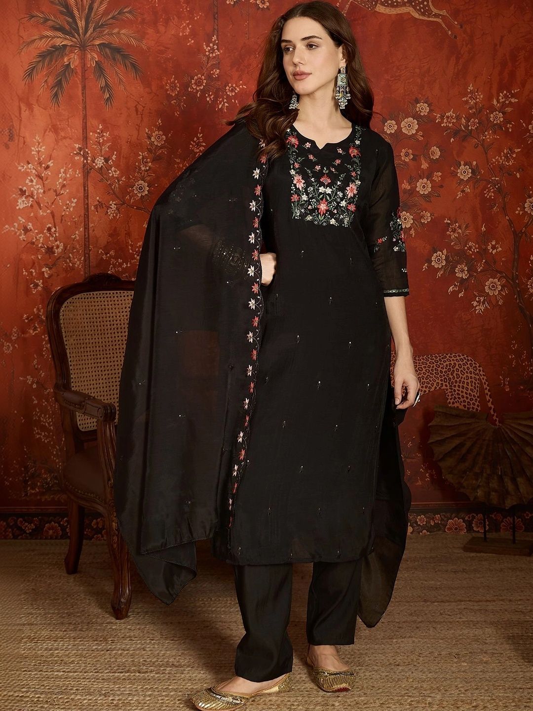 MANVAA Women Floral Embroidered Regular Thread Work Kurta with Trousers & With Dupatta-picture-28