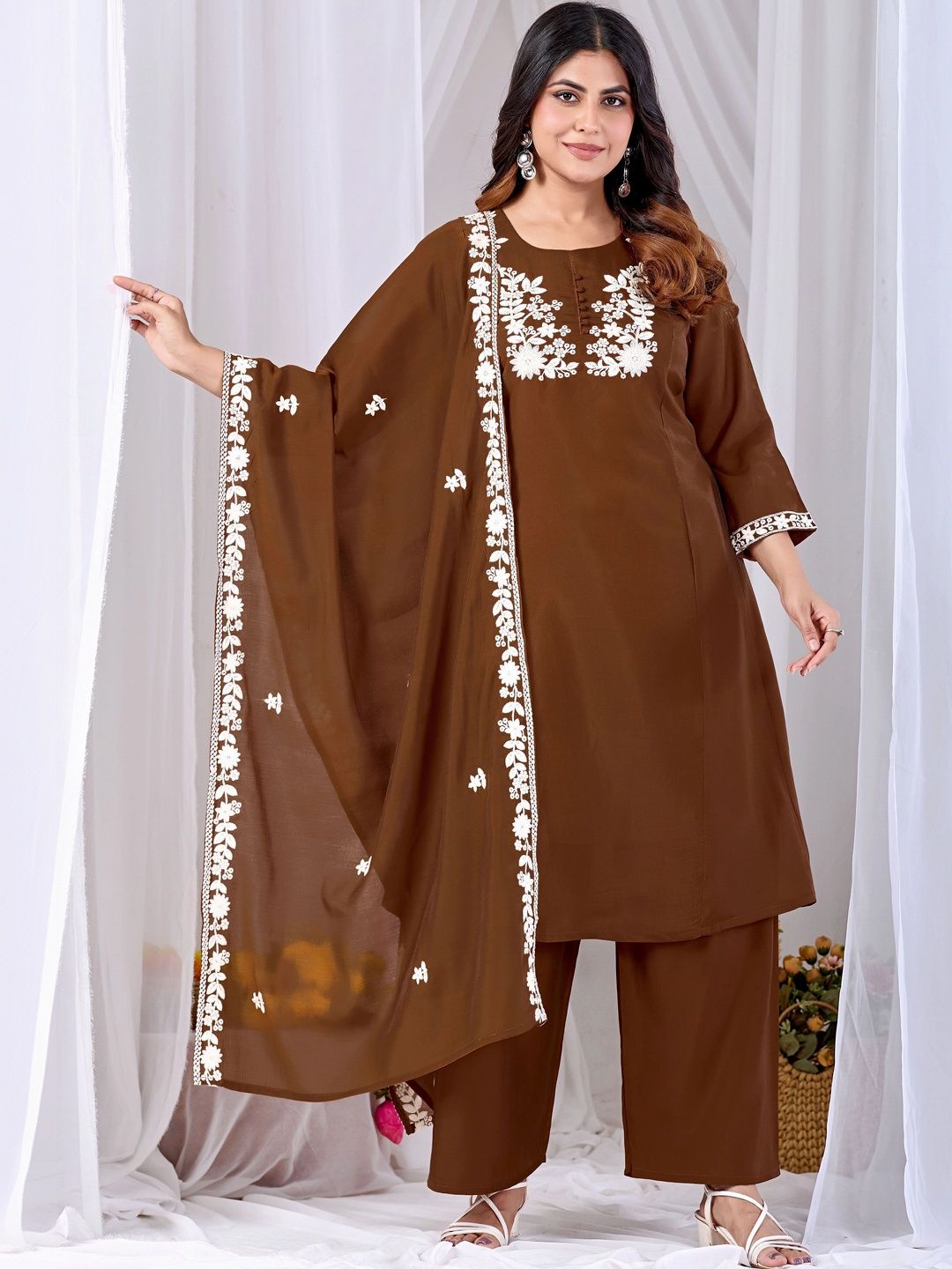 MANVAA Women Floral Embroidered Regular Thread Work Kurta with Palazzos & With Dupatta-picture-25