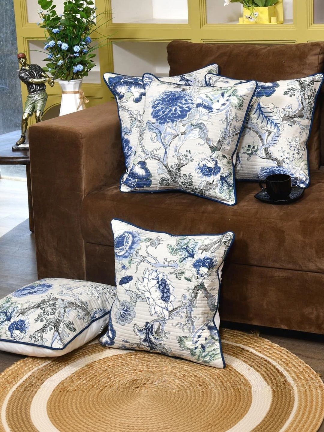 Aura White & Blue Set of 5 Floral Square Cushion Covers-picture-32
