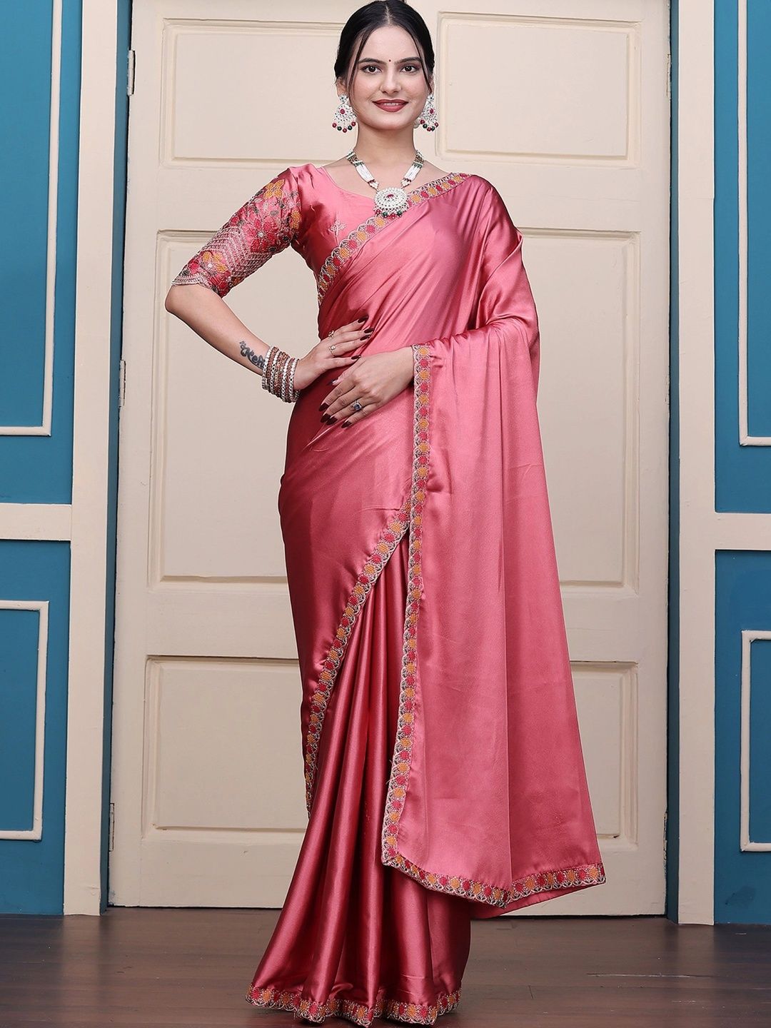 Mitera Floral Embroidered Satin Designer Saree-image-44