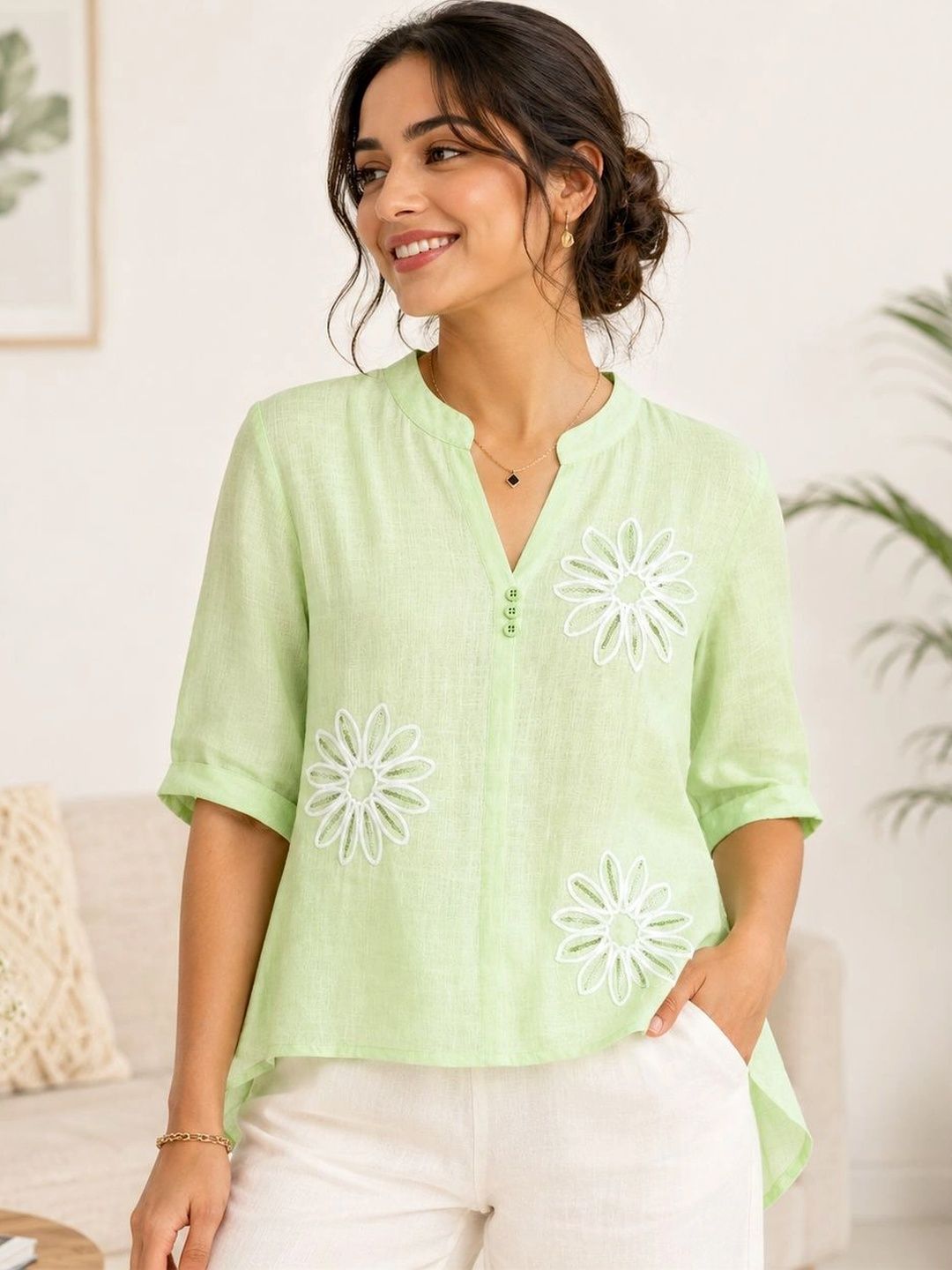AEOY OFFICIAL Floral Embroidered Mandarin Collar Roll-Up Sleeves Cotton Blend Top-image-11