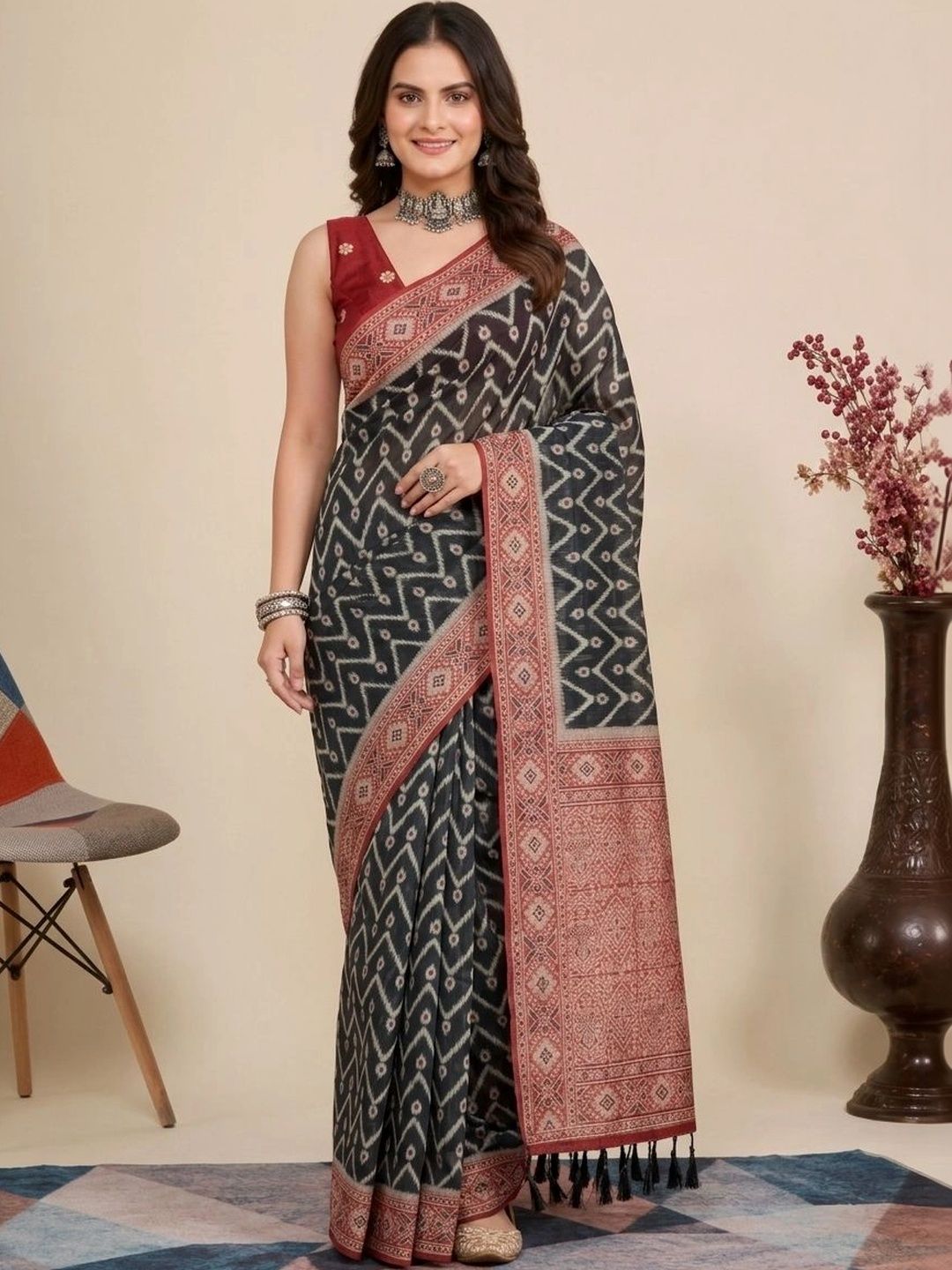 Anouk Ethnic Motifs Pure Cotton Ikat Saree-image-39