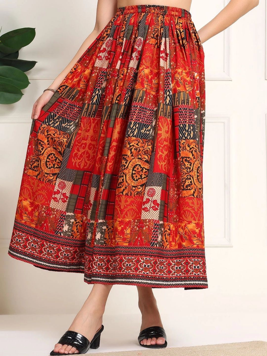 Kahara Women Crepe Geometric Midi Flared Skirt-picture-32