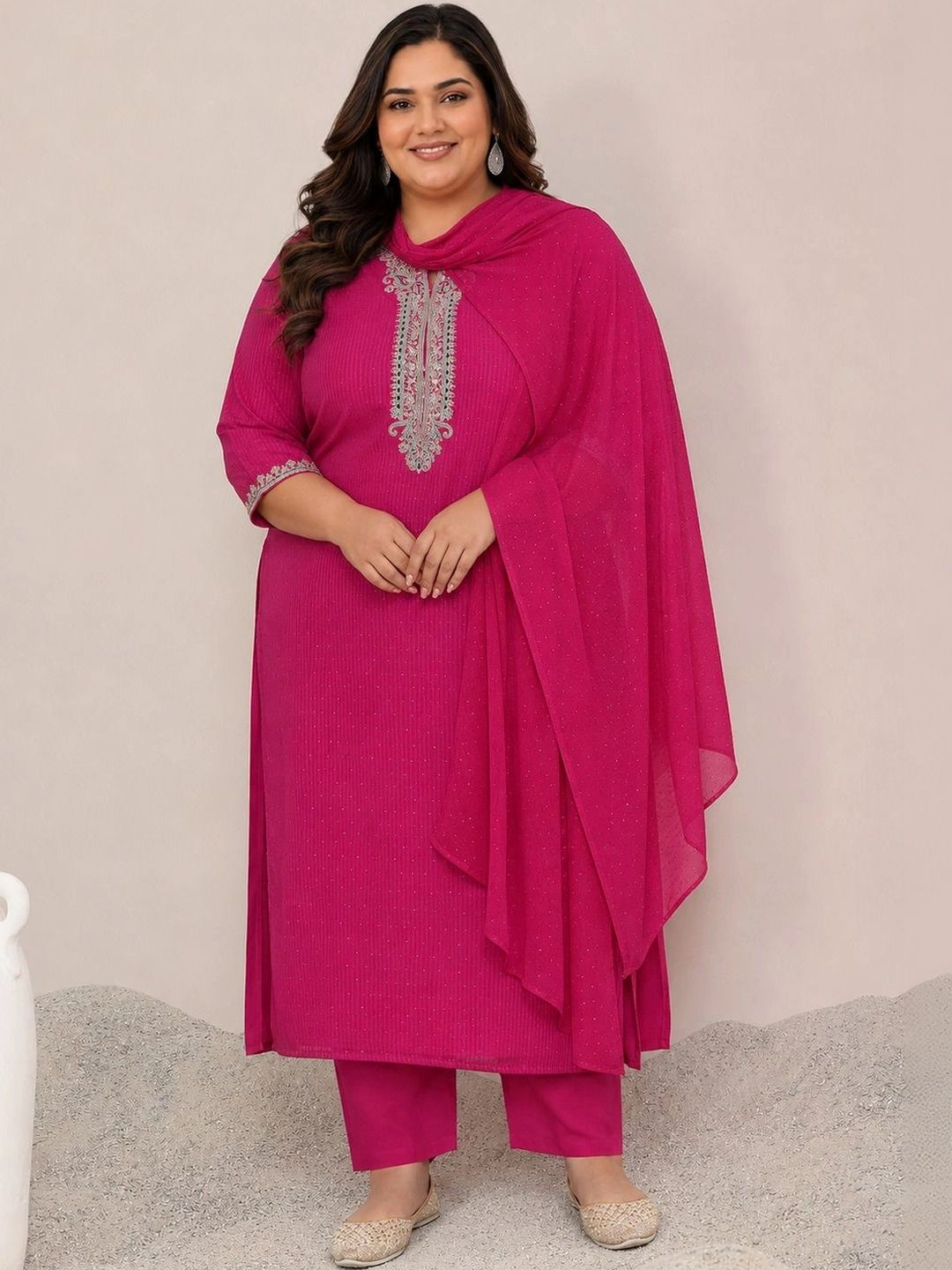 EXTRA LOVE BY LIBAS Women Ethnic Motifs Embroidered Regular Thread Work Kurta with Trousers & With Dupatta-picture-23