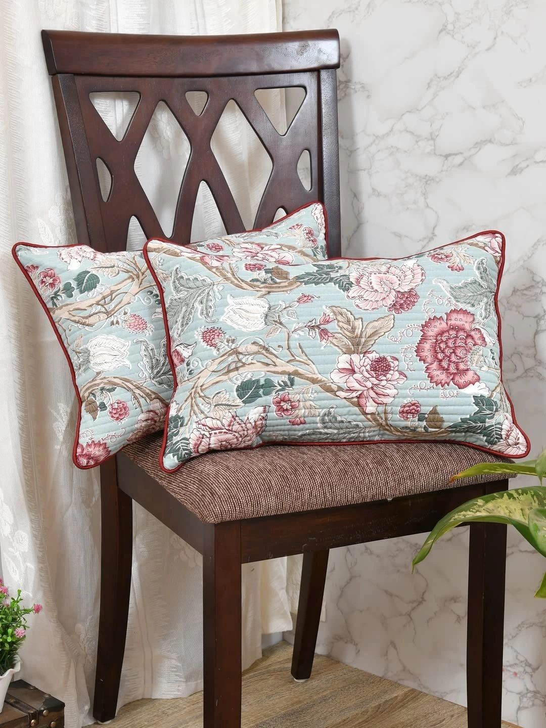 Myntra Elegant Homes Grey & Pink Set of 2 Floral Rectangle Cushion Covers-picture-22