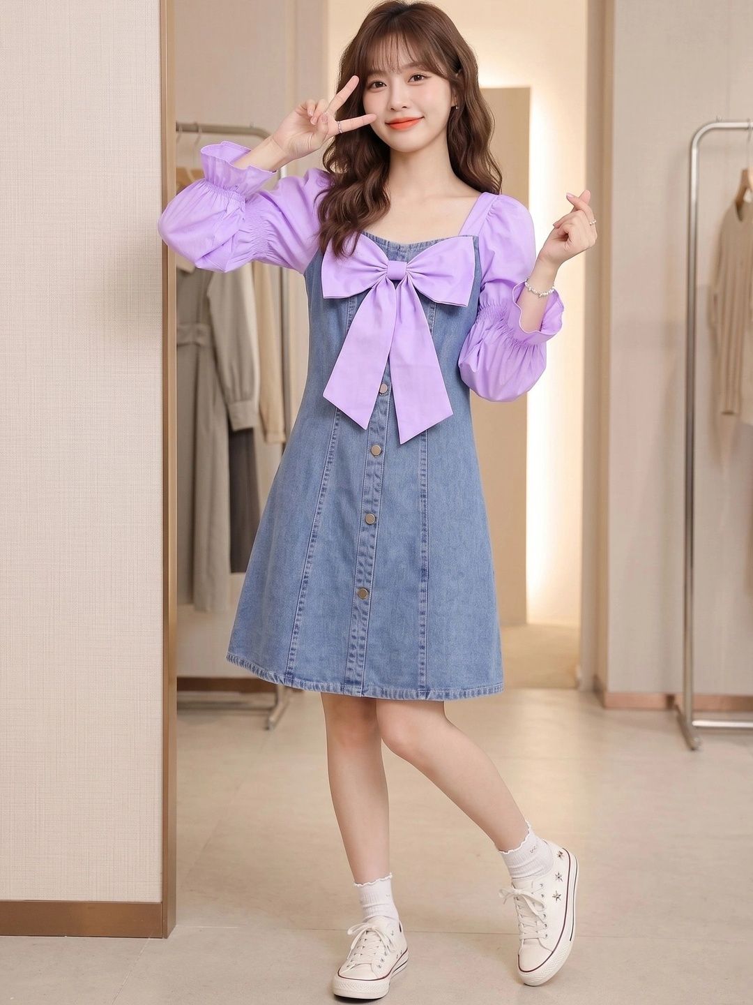 TIROMI Puff Sleeve Denim A-Line Dress-image-38