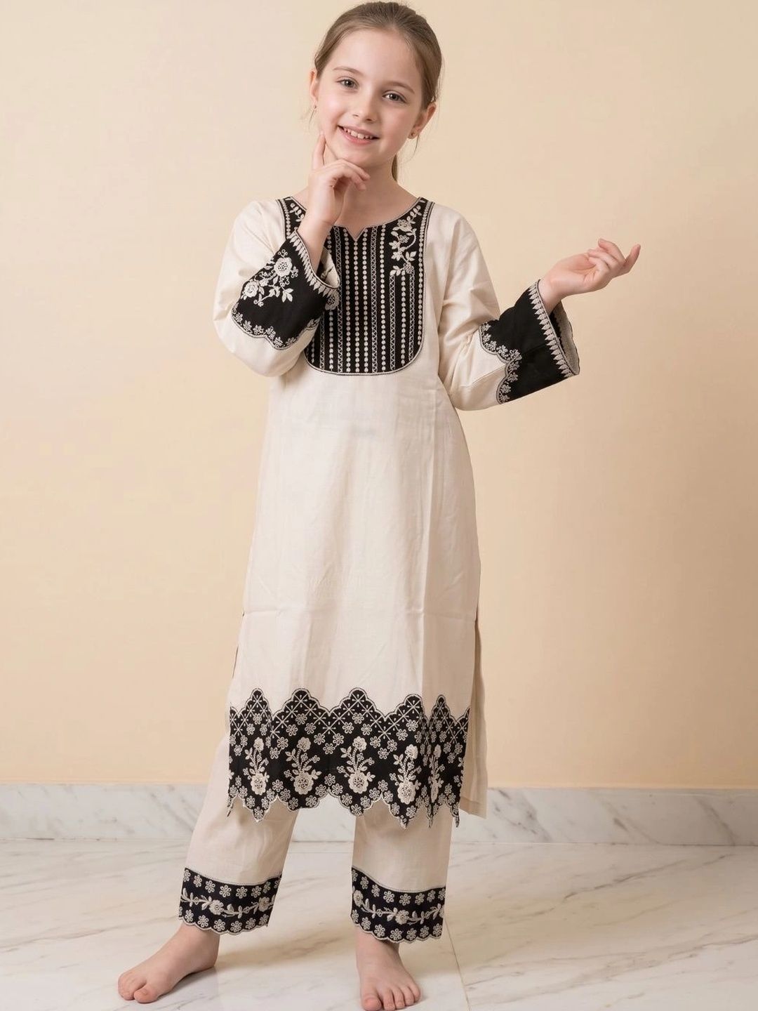 HOUSE OF IQF Girls Ethnic Motifs Embroidered Regular Thread Work Pure Cotton Kurta with Trousers-picture-36