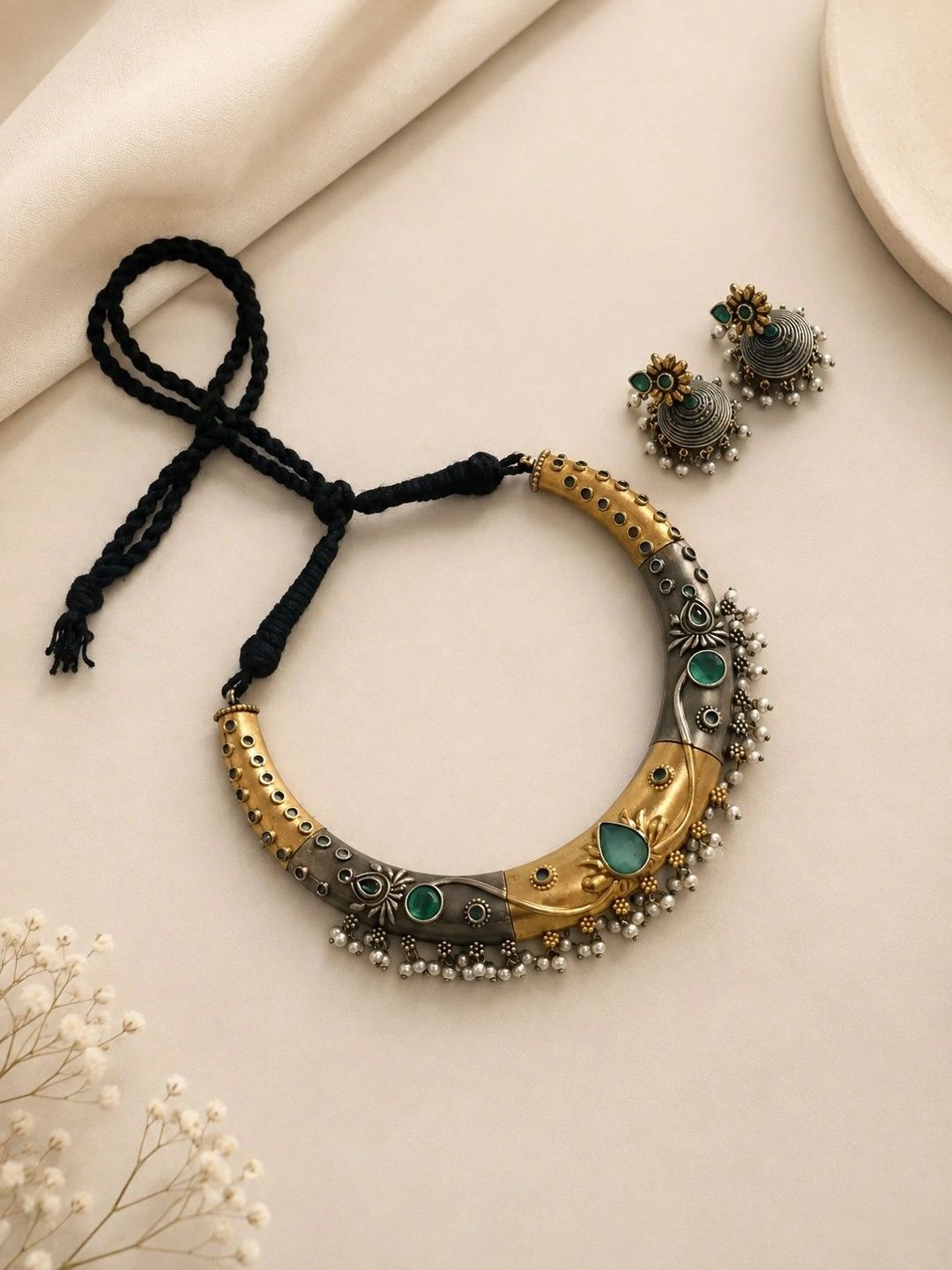 Arch gallery Brass-Plated Oxidised Necklace and Earrings-image-47