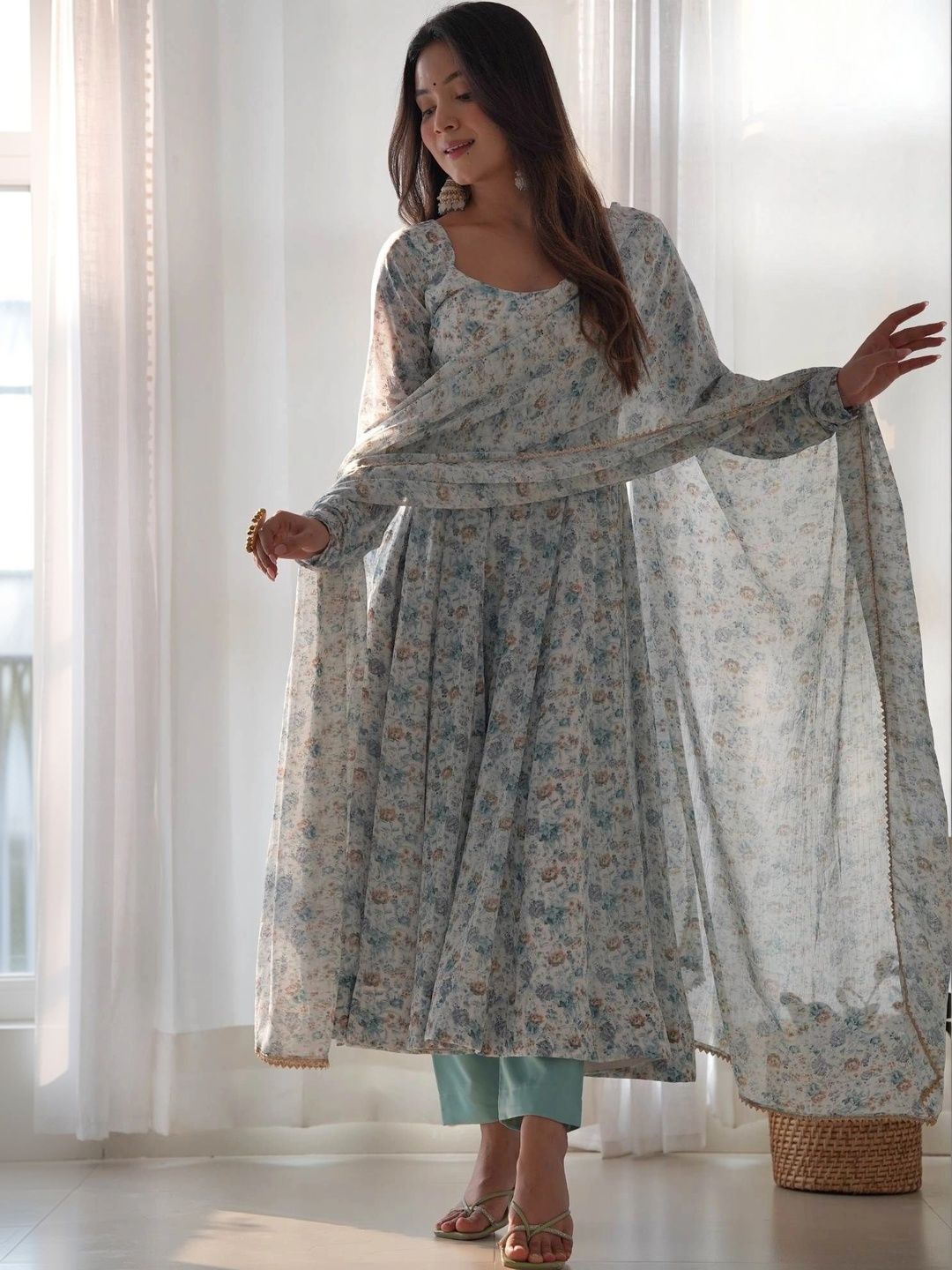 HERE&NOW Women Floral Printed Empire Kurta with Trousers & With Dupatta-picture-58