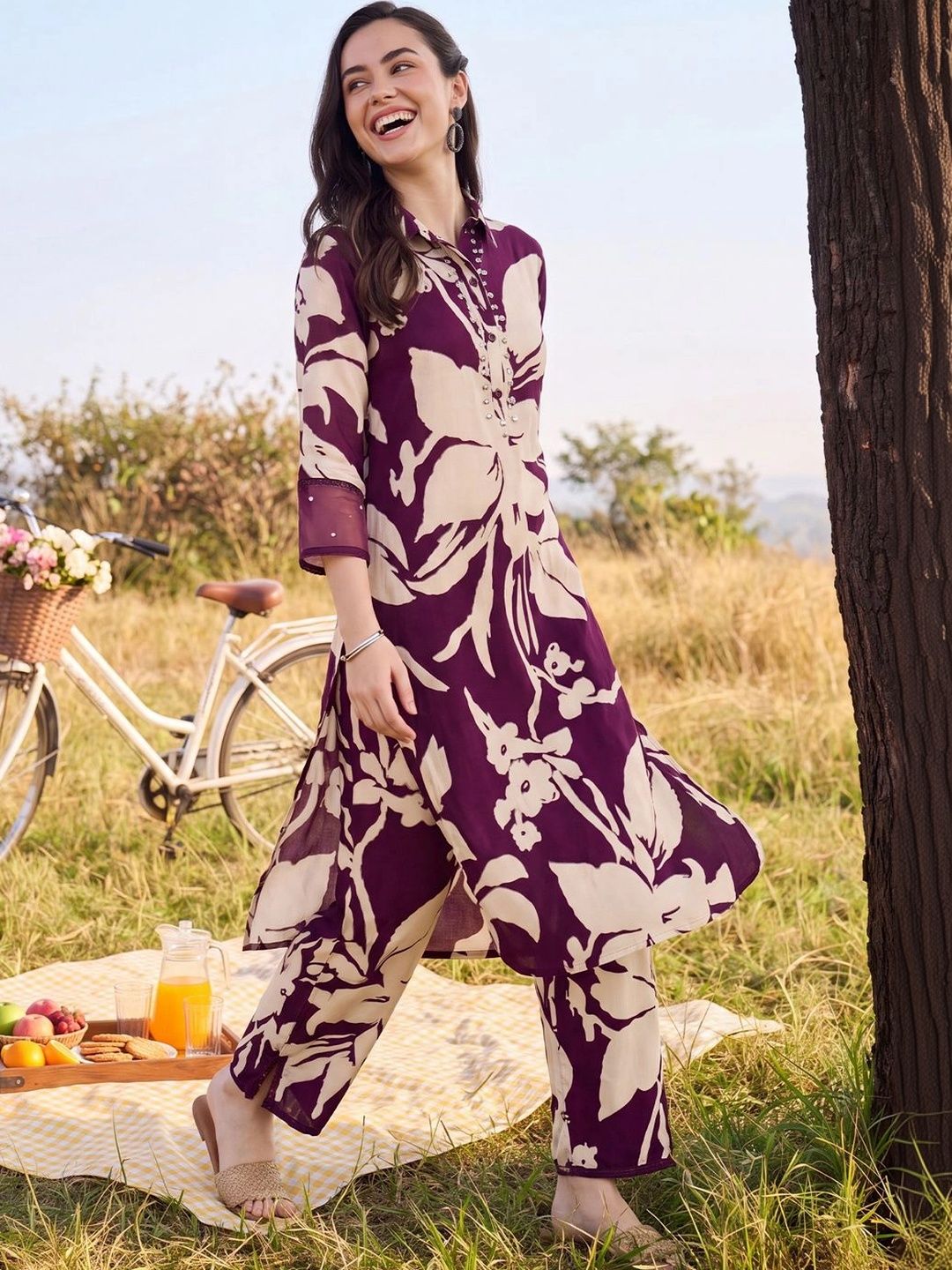 Indo Era Women Floral Printed Regular Sequinned Kurta with Trousers-picture-32