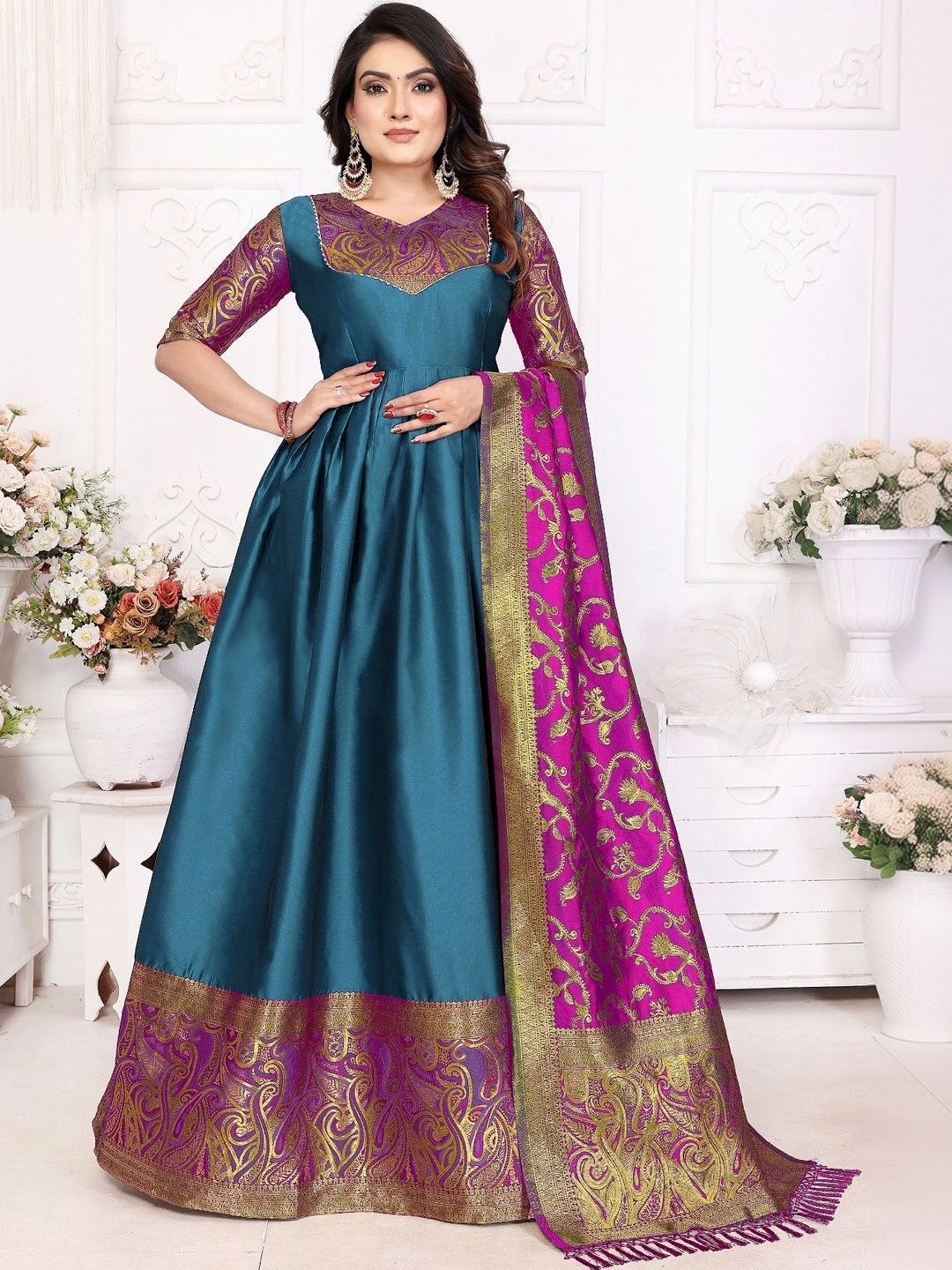 Kinjhit Fashion Woven Design V-Neck Gown Ethnic Dresses With Dupatta-image-38