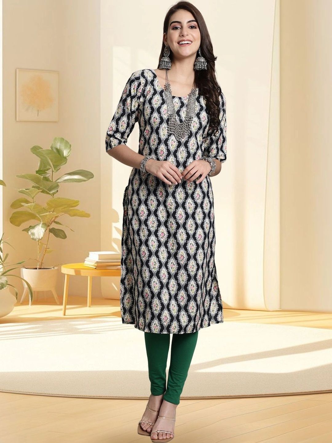 HERE&NOW Women Ethnic Motifs Printed Crepe Kurta-picture-34