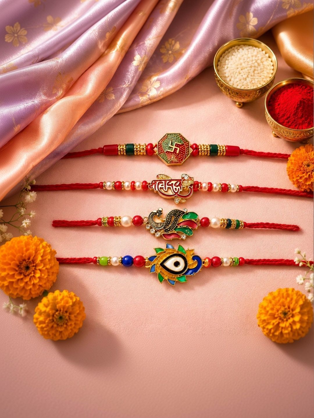 BANITHANI Unisex Pack of 4 Thread Rakhi with Roli chawal-picture-29