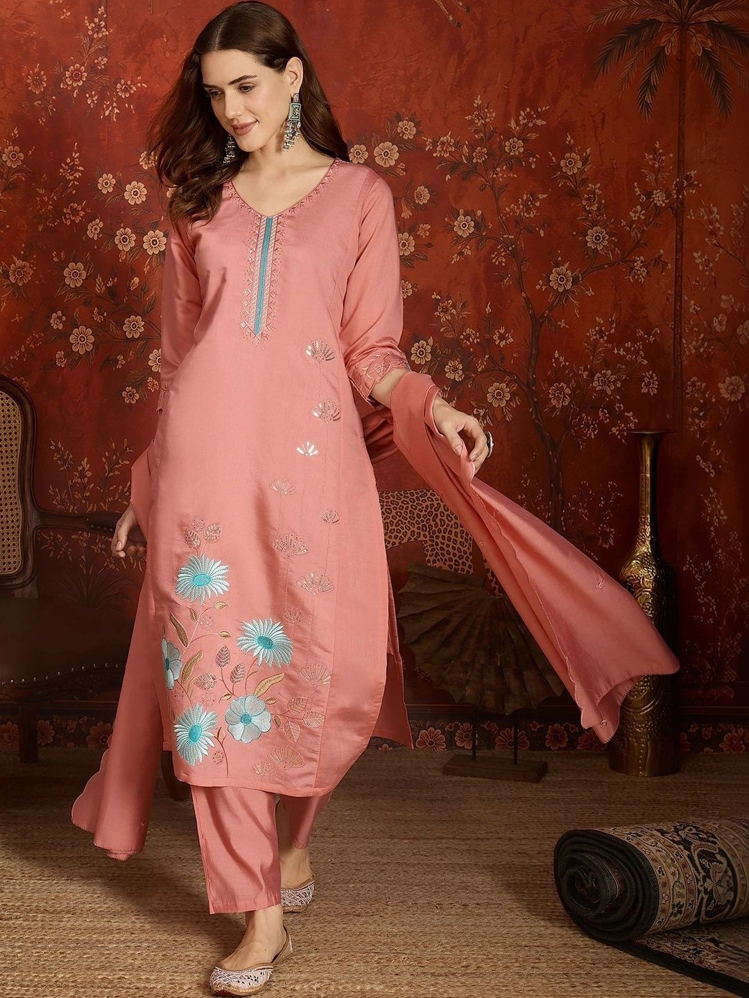 MANVAA Women Floral Embroidered Regular Thread Work Kurta with Trousers & With Dupatta-picture-35