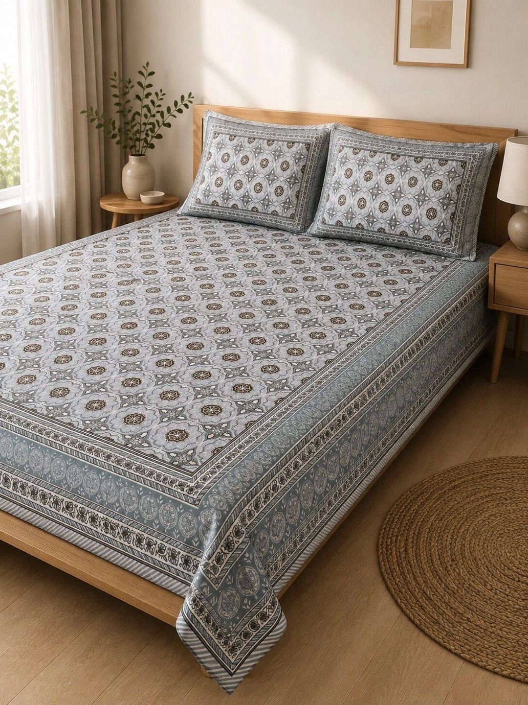 Croff Charcoal & Grey Ethnic Motifs King Bedsheet with 2 Pillow Covers-image-4