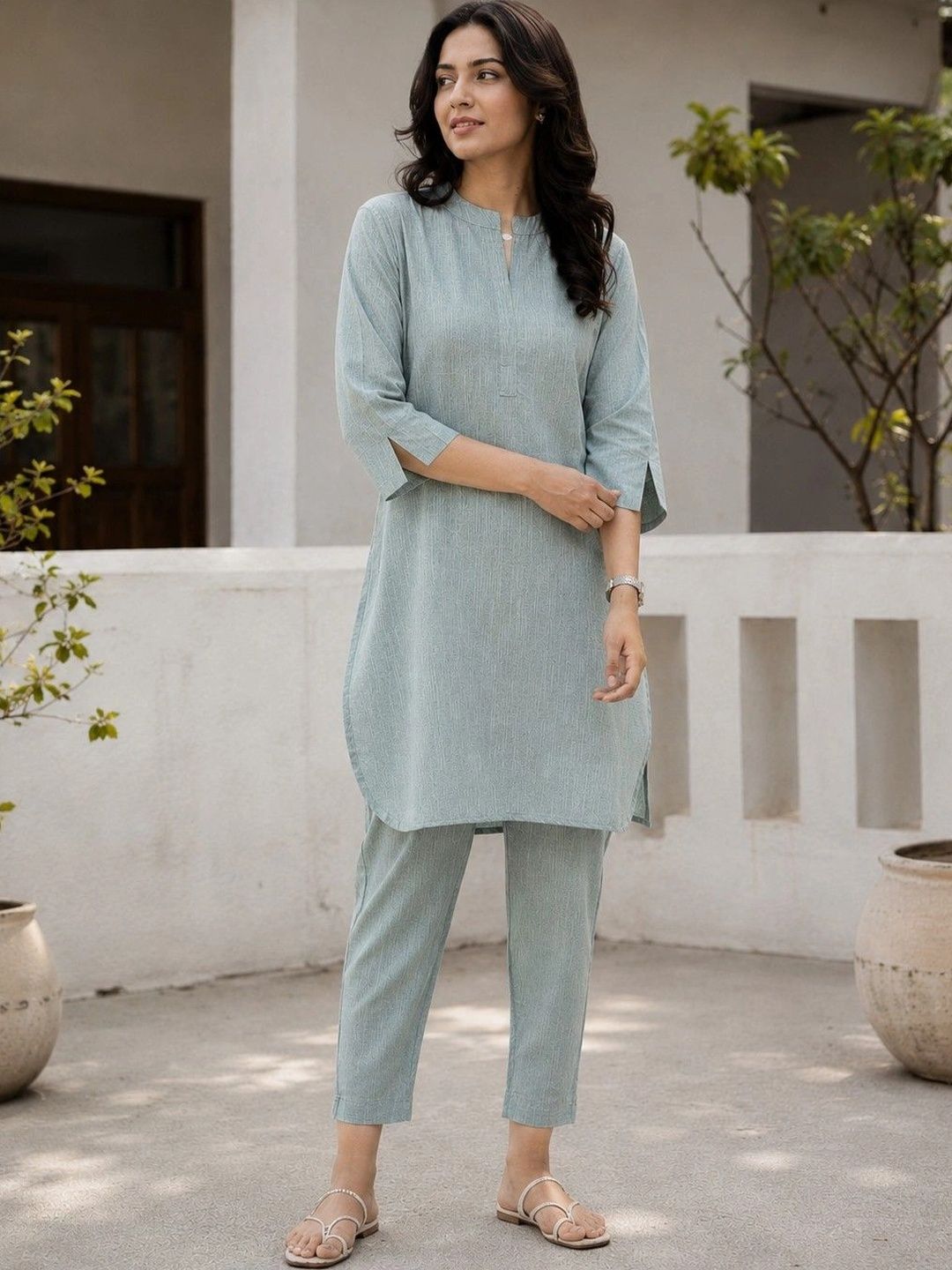 Bitterlime Women Striped Regular Pure Cotton Kurta with Trousers-picture-38