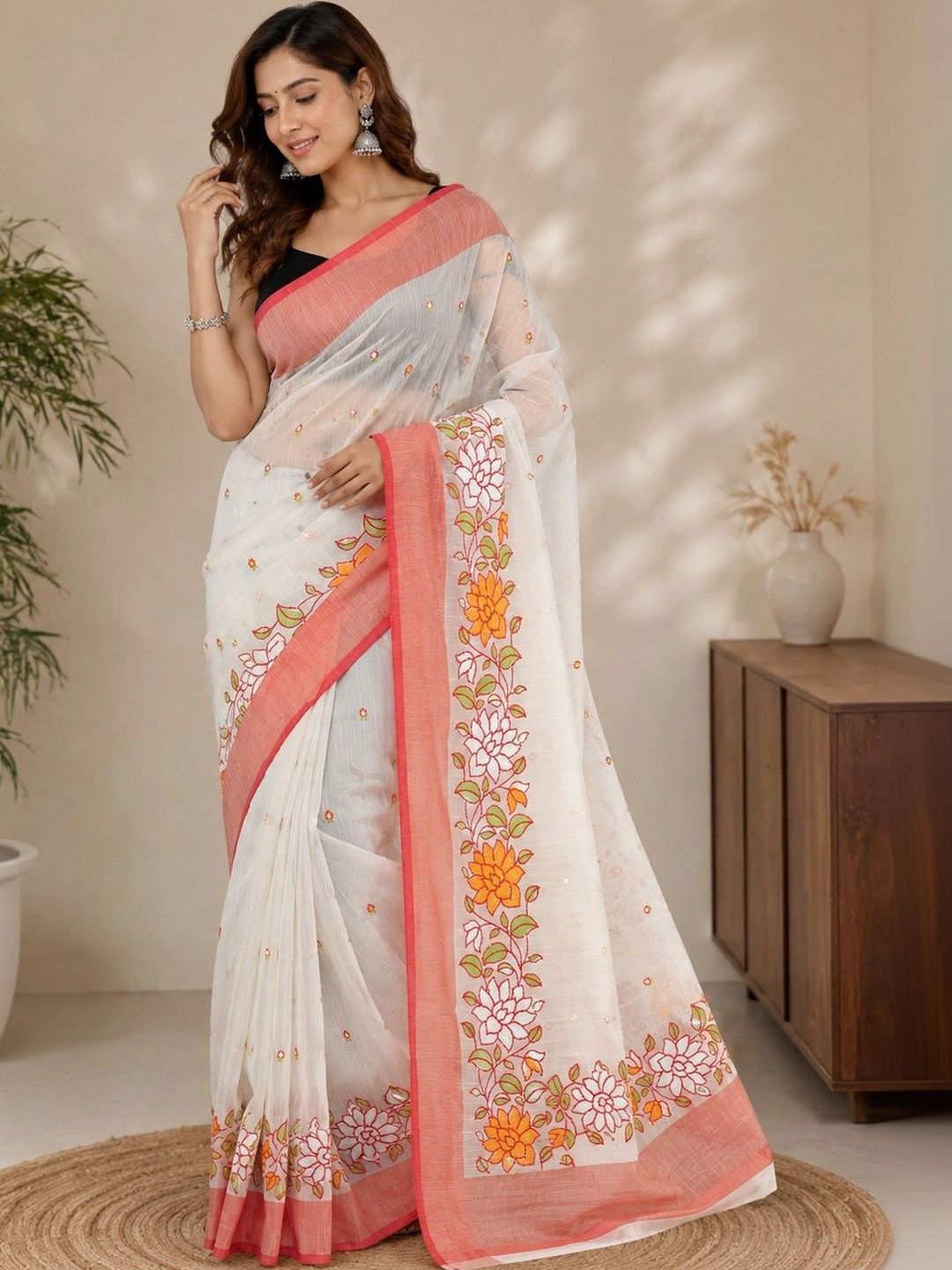 Kalakriti By Rachna Floral Embroidered Pure Cotton Saree-image-9