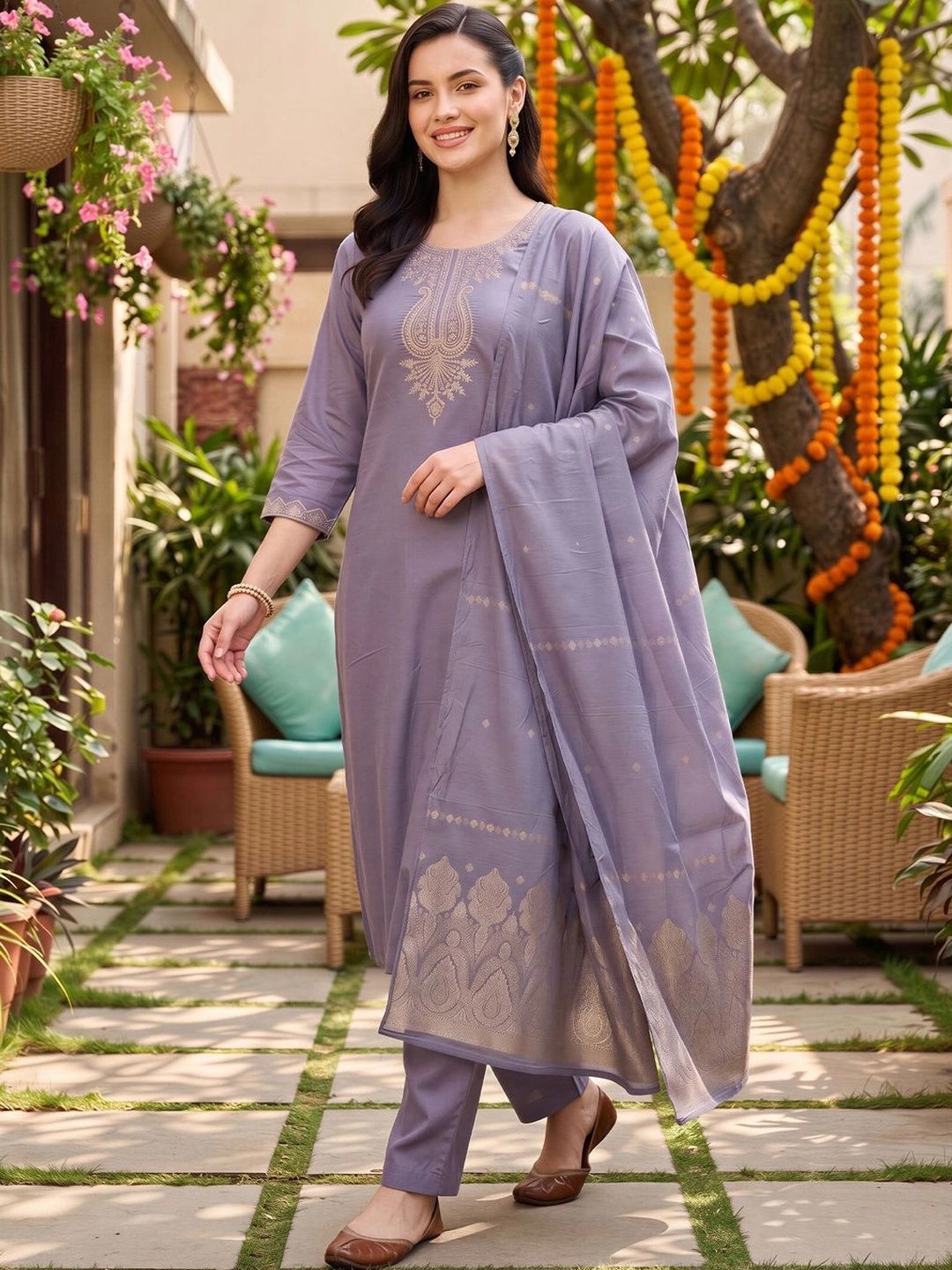 Indo Era Women Paisley Embroidered Regular Sequinned Kurta with Trousers & With Dupatta-picture-19