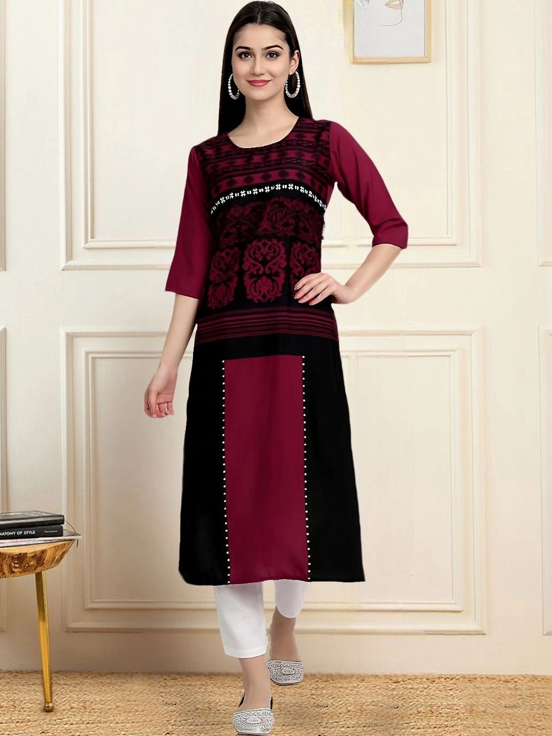 HERE&NOW Women Ethnic Motifs Colourblocked Crepe Kurta-picture-30