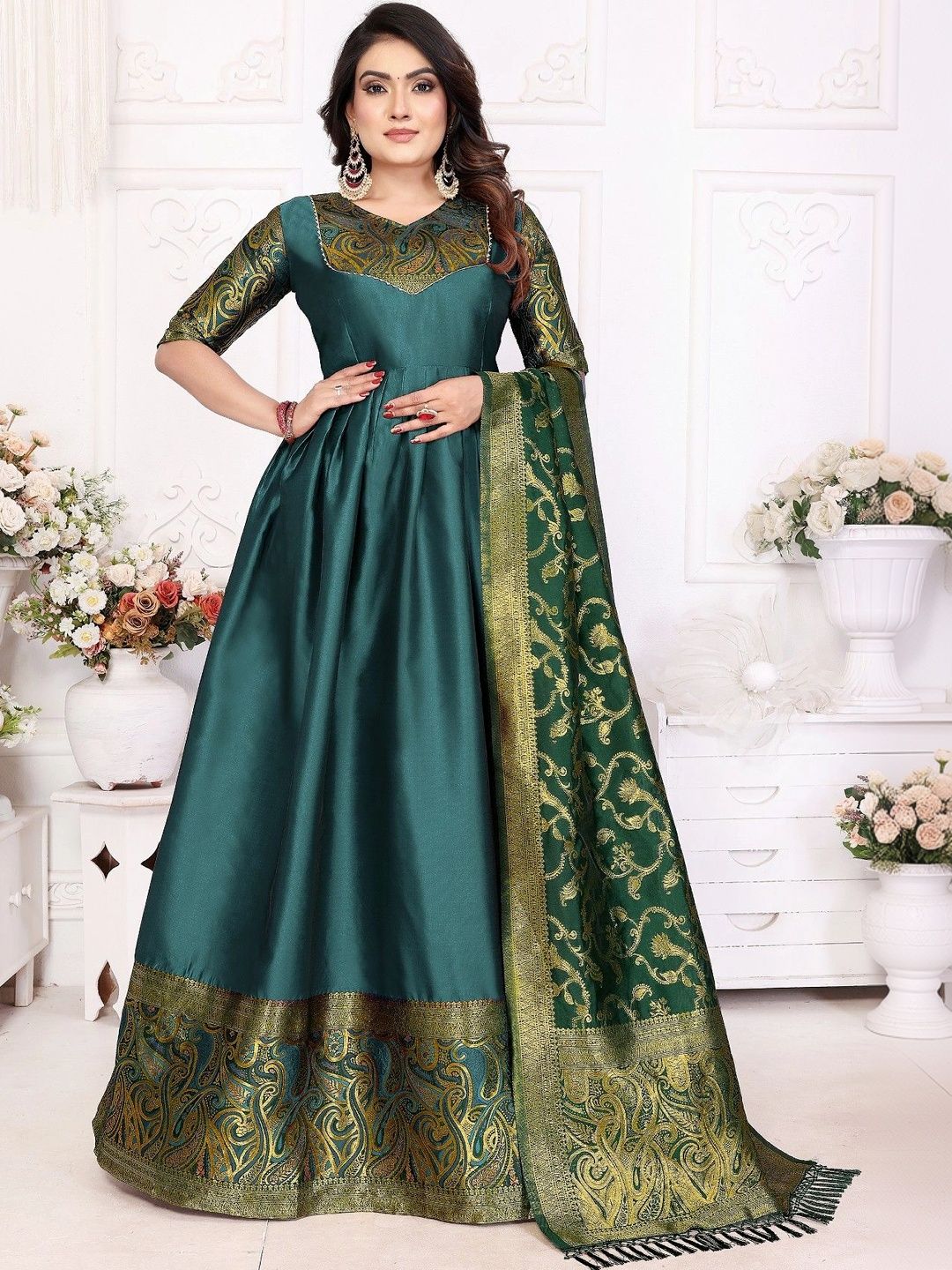 Kinjhit Fashion Woven Design V-Neck Gown Ethnic Dresses With Dupatta-picture-16
