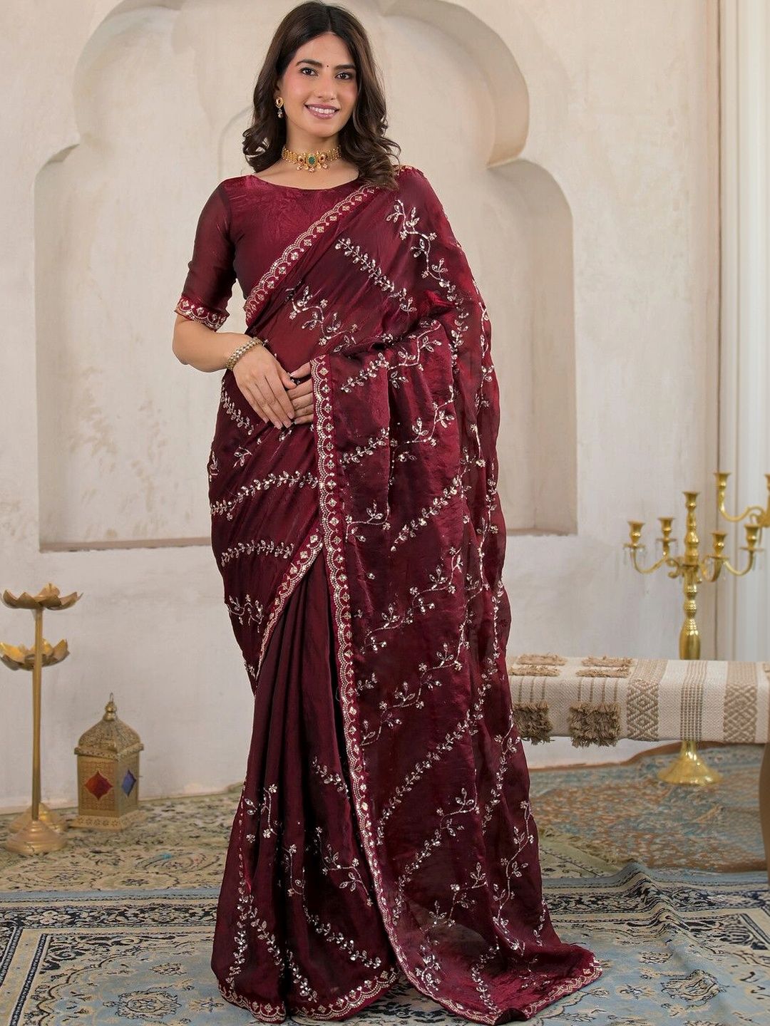 SAARA Floral Sequinned Tissue Saree-image-13