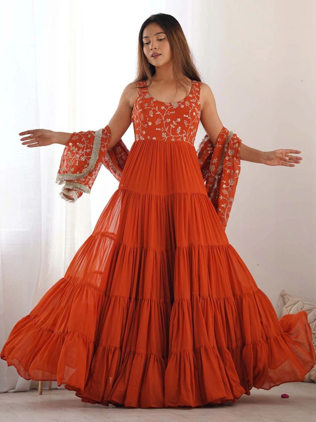 HERE&NOW Women Floral Embroidered Tiered Thread Work Kurta with Palazzos & With Dupatta-picture-26
