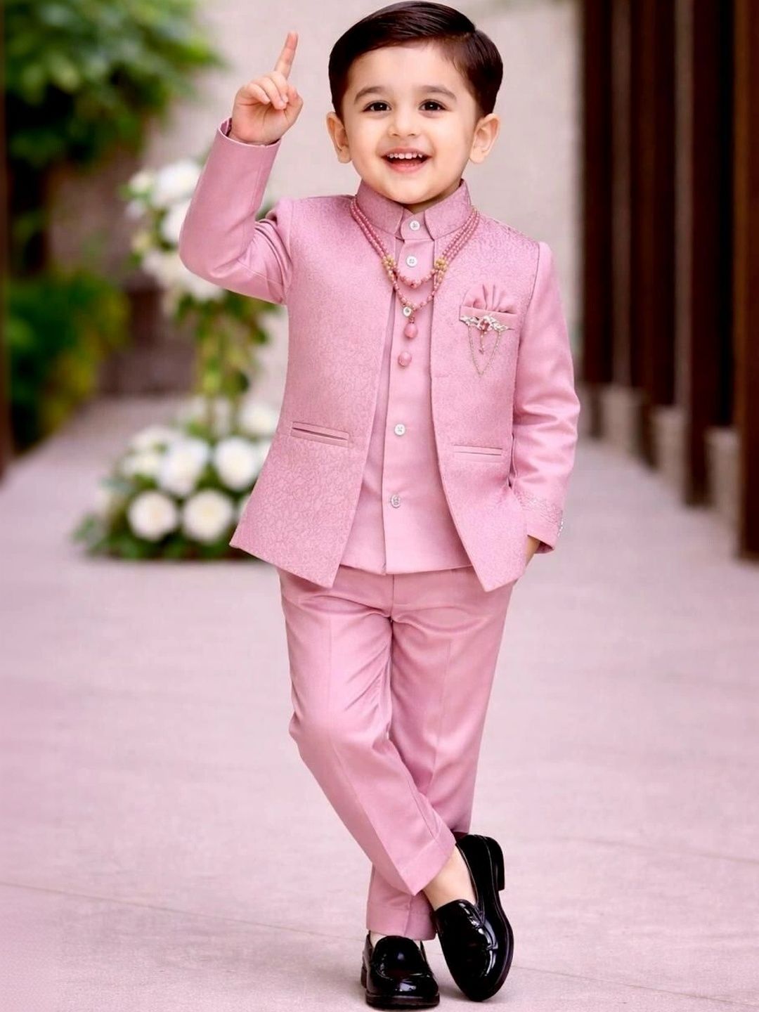 eliteeleganceapparel Boys Self Design Mandarin Collar Single-Breasted Two-Piece Suit-picture-19
