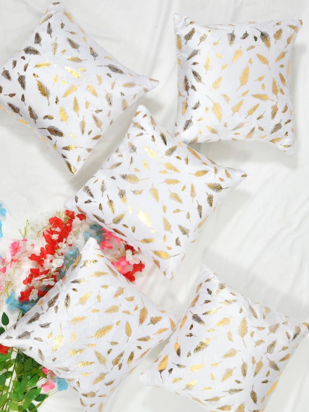 Aura White & Gold-Toned Set of 5 Velvet Square Cushion Covers-image-10