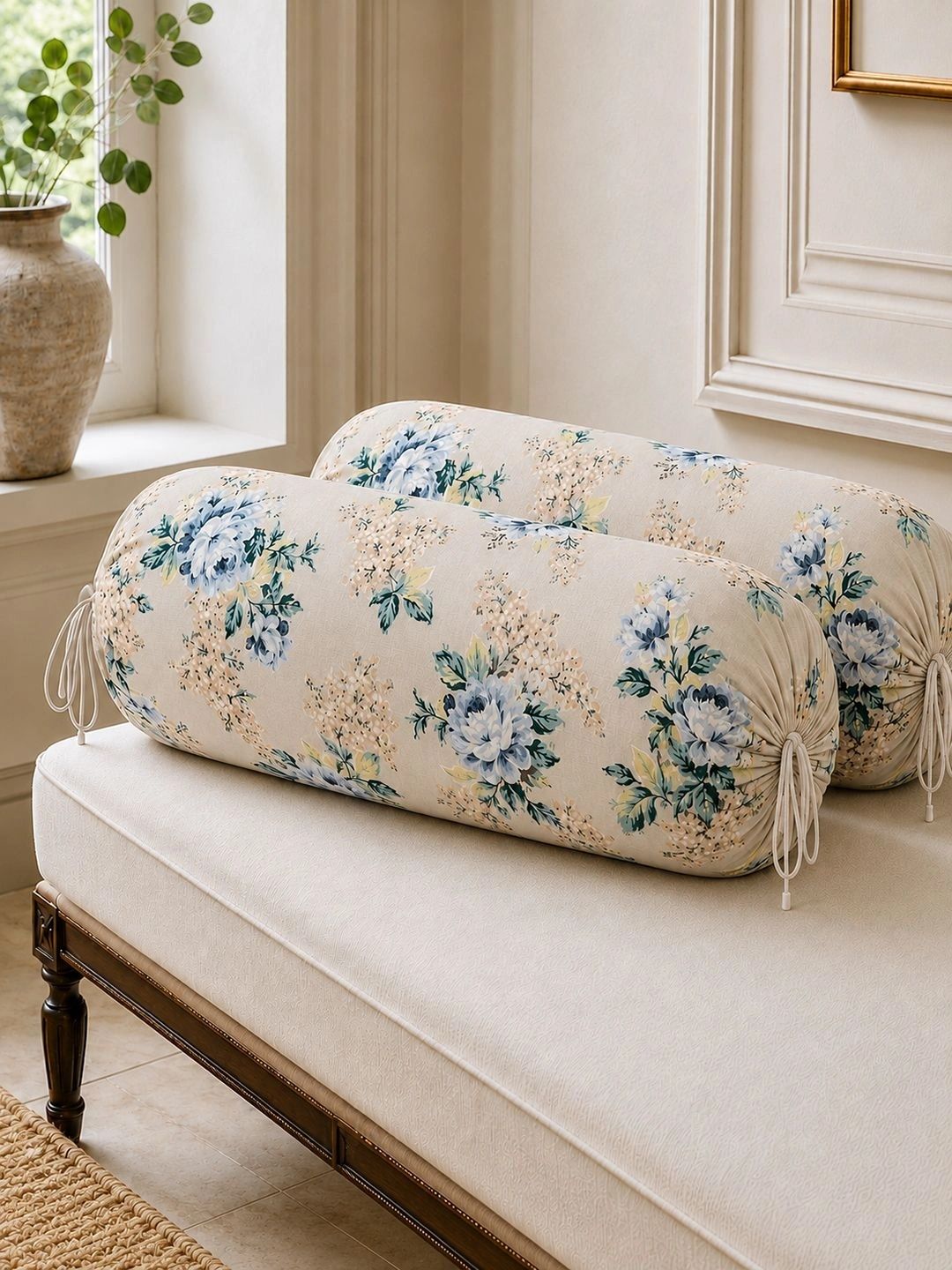 Aura 2-Pcs Beige & Blue Printed Pure Cotton Bolster Covers-picture-35
