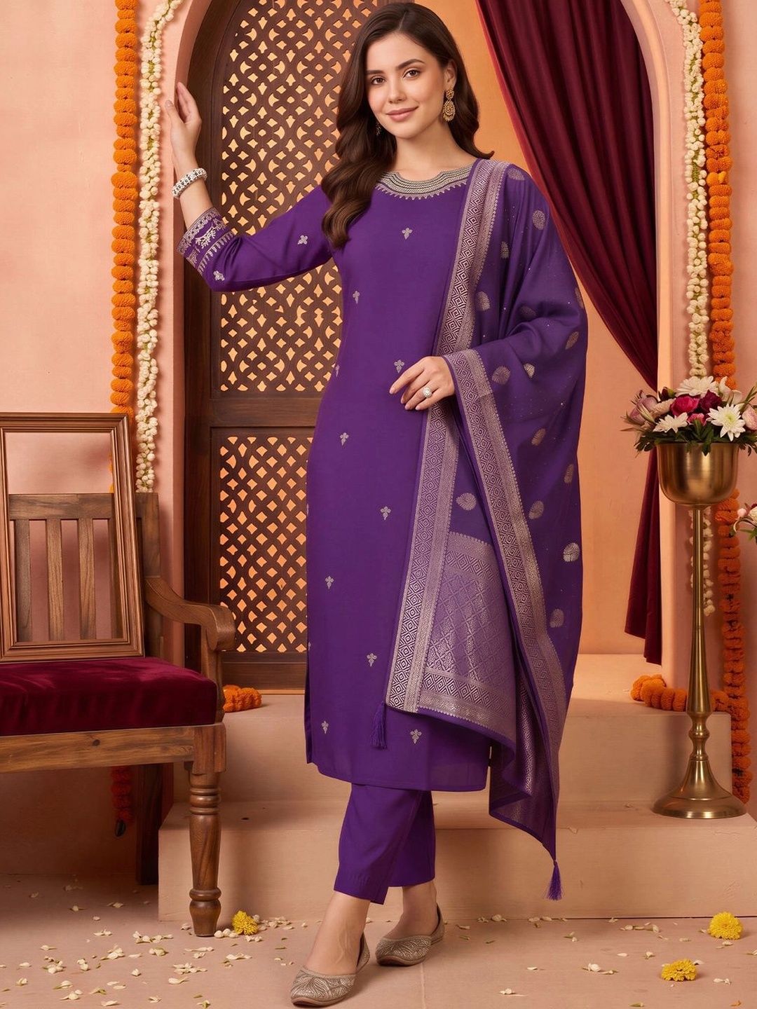 Indo Era Women Ethnic Motifs Embroidered Regular Kurta with Trousers & With Dupatta-picture-24