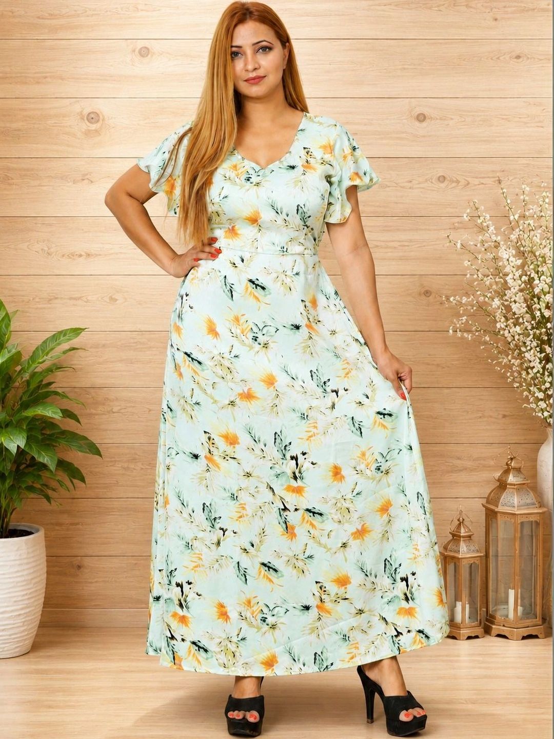 Nine2Five Floral Print Flutter Sleeve Ruffled Satin Maxi Dress-picture-22