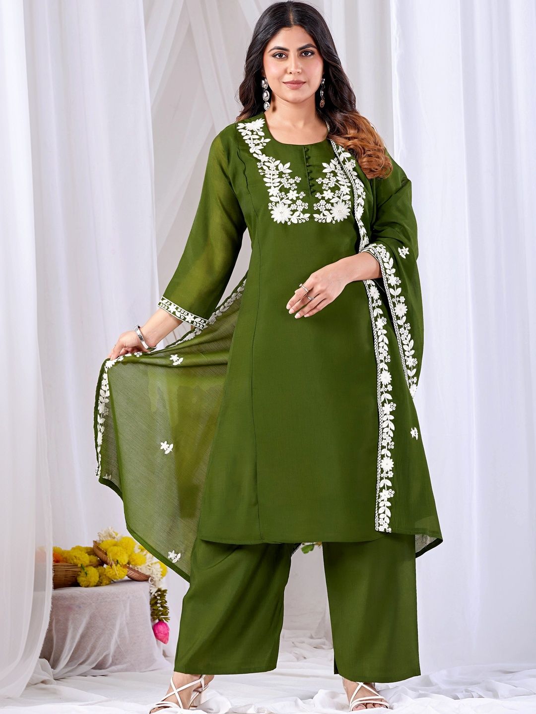 MANVAA Women Floral Embroidered Regular Thread Work Kurta with Palazzos & With Dupatta-picture-56