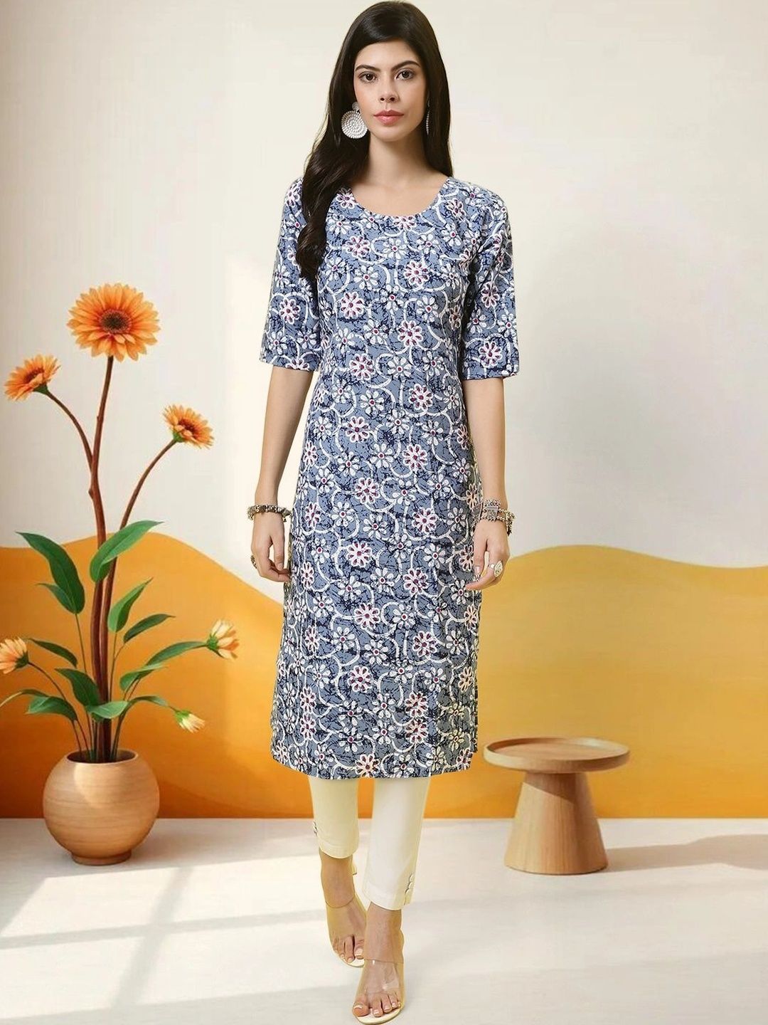 HERE&NOW Women Set Of 3 Printed Indie Prints Crepe Kurta-image-22