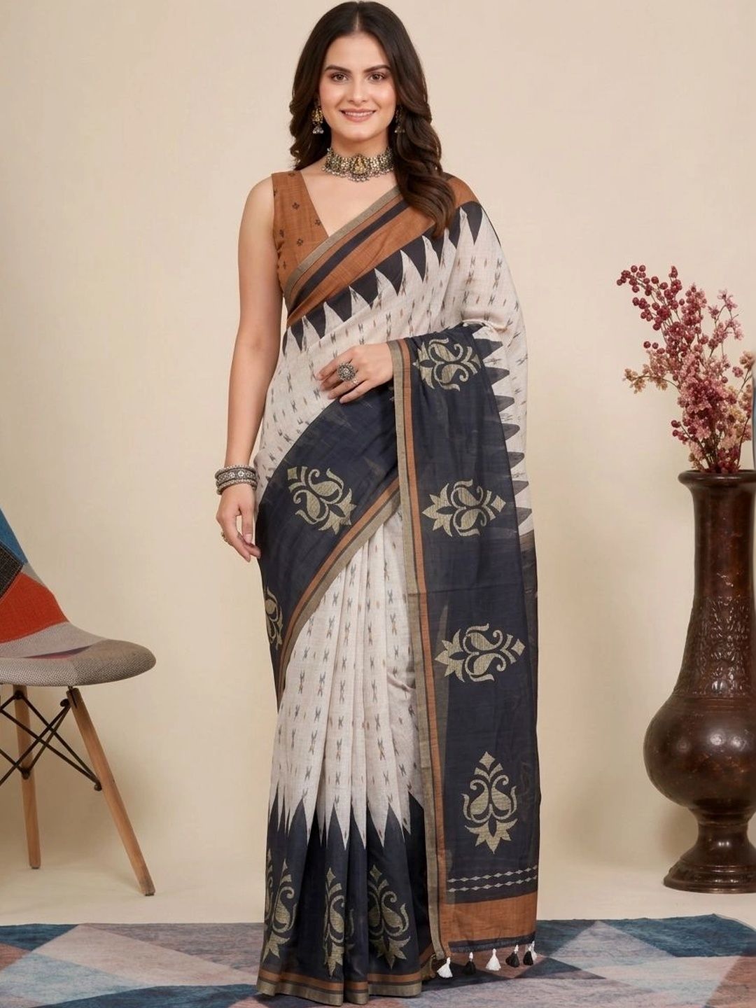 Anouk Ethnic Motifs Pure Linen Ikat Saree-picture-18