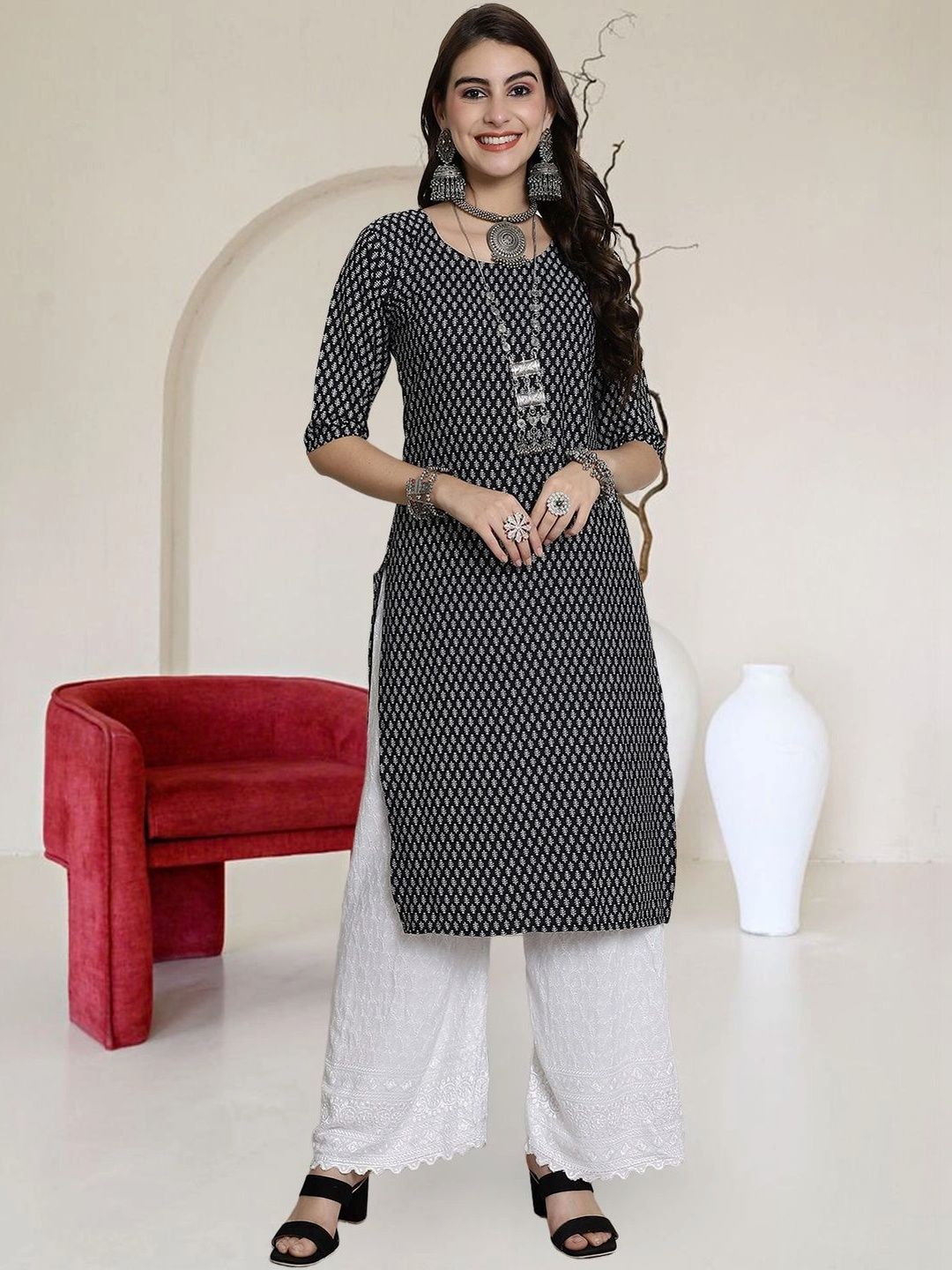 HERE&NOW Women Pack of 3 Ethnic Motifs Printed Crepe Kurtas-picture-42