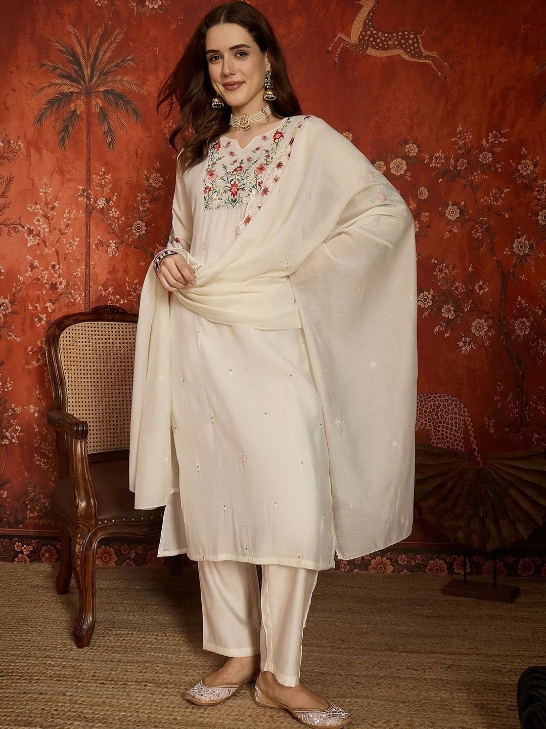 MANVAA Women Floral Embroidered Regular Thread Work Kurta with Trousers & With Dupatta-picture-36