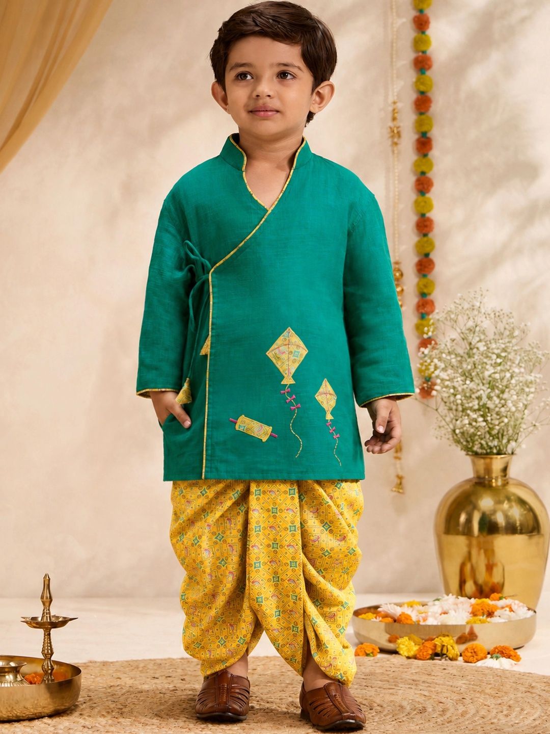 VASTRAMAY Boys Ethnic Motifs Printed Angrakha Pure Cotton Kurta with Dhoti Pants-image-47