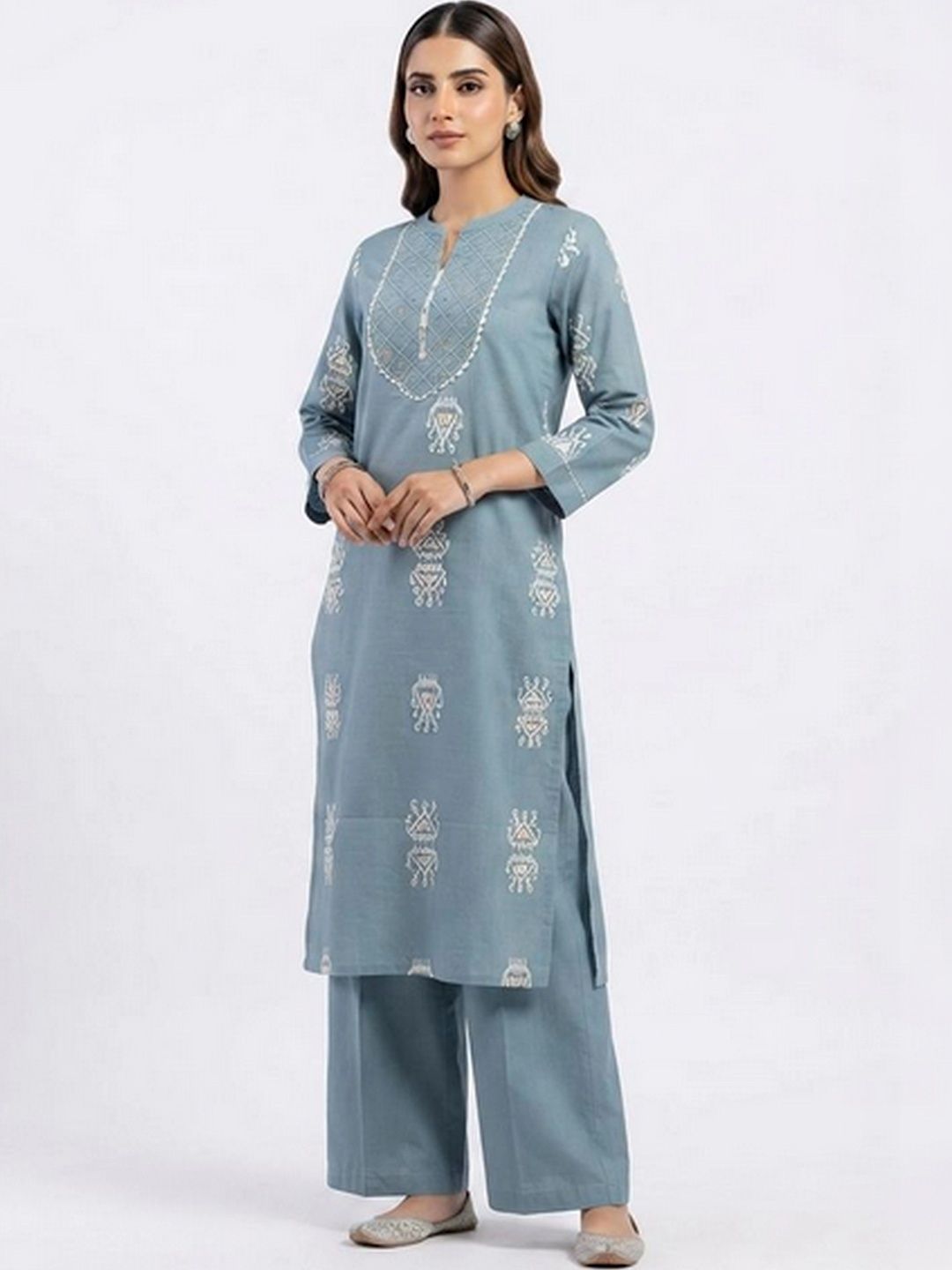 EtnicaWear Women Ethnic Motifs Embroidered Regular Thread Work Pure Cotton Kurta with Palazzos-image-38