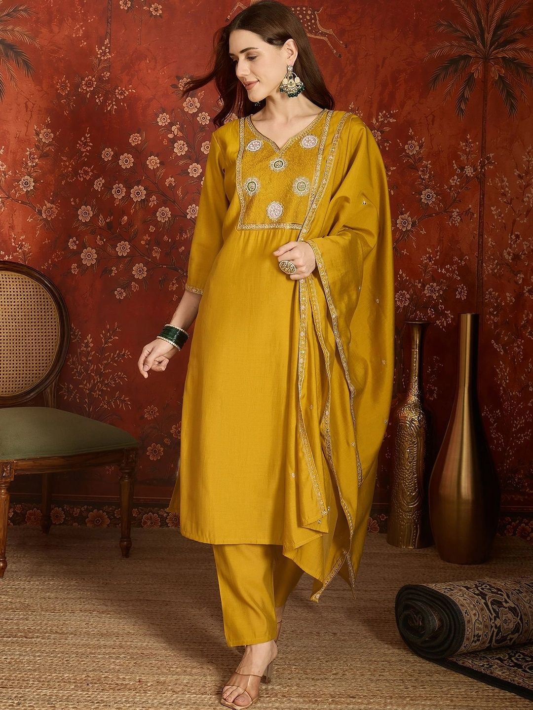 Maroosh Women Ethnic Motifs Embroidered Regular Thread Work Kurta with Trousers & With Dupatta-picture-57