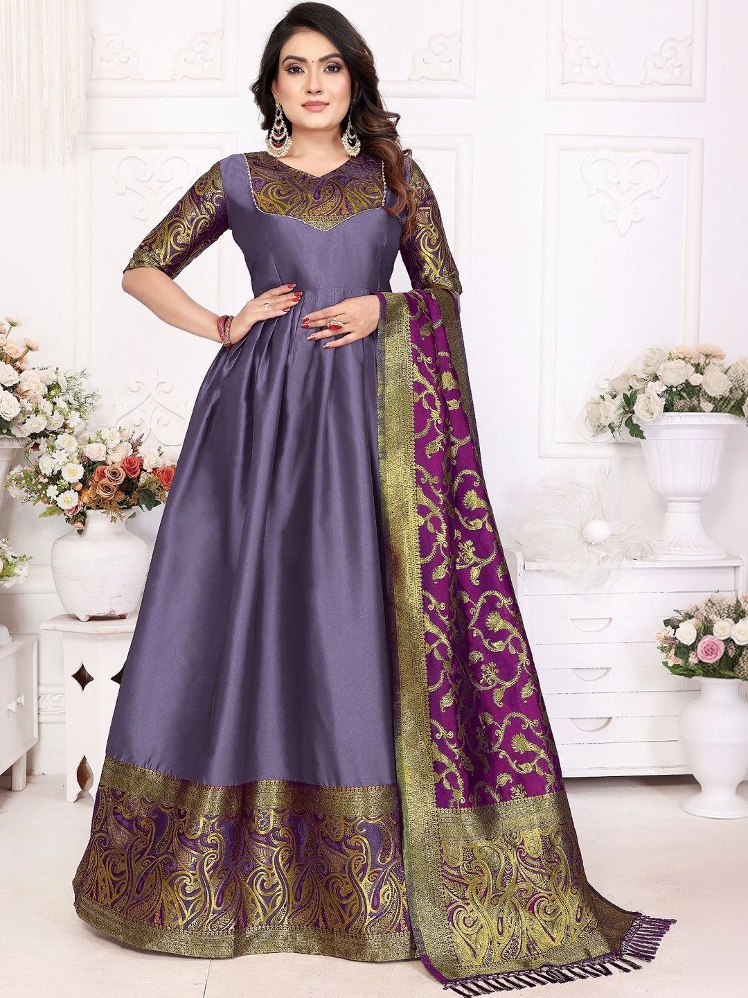 Kinjhit Fashion Woven Design V-Neck Gown Ethnic Dresses With Dupatta-picture-45