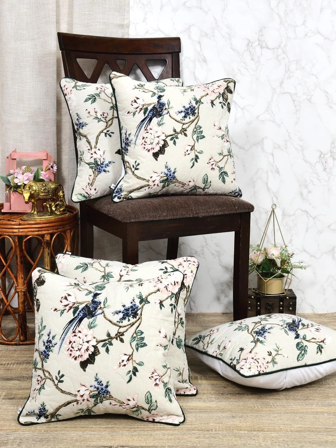 Myntra Elegant Homes Cream-Coloured & White Set of 5 Floral Square Cushion Covers-picture-22