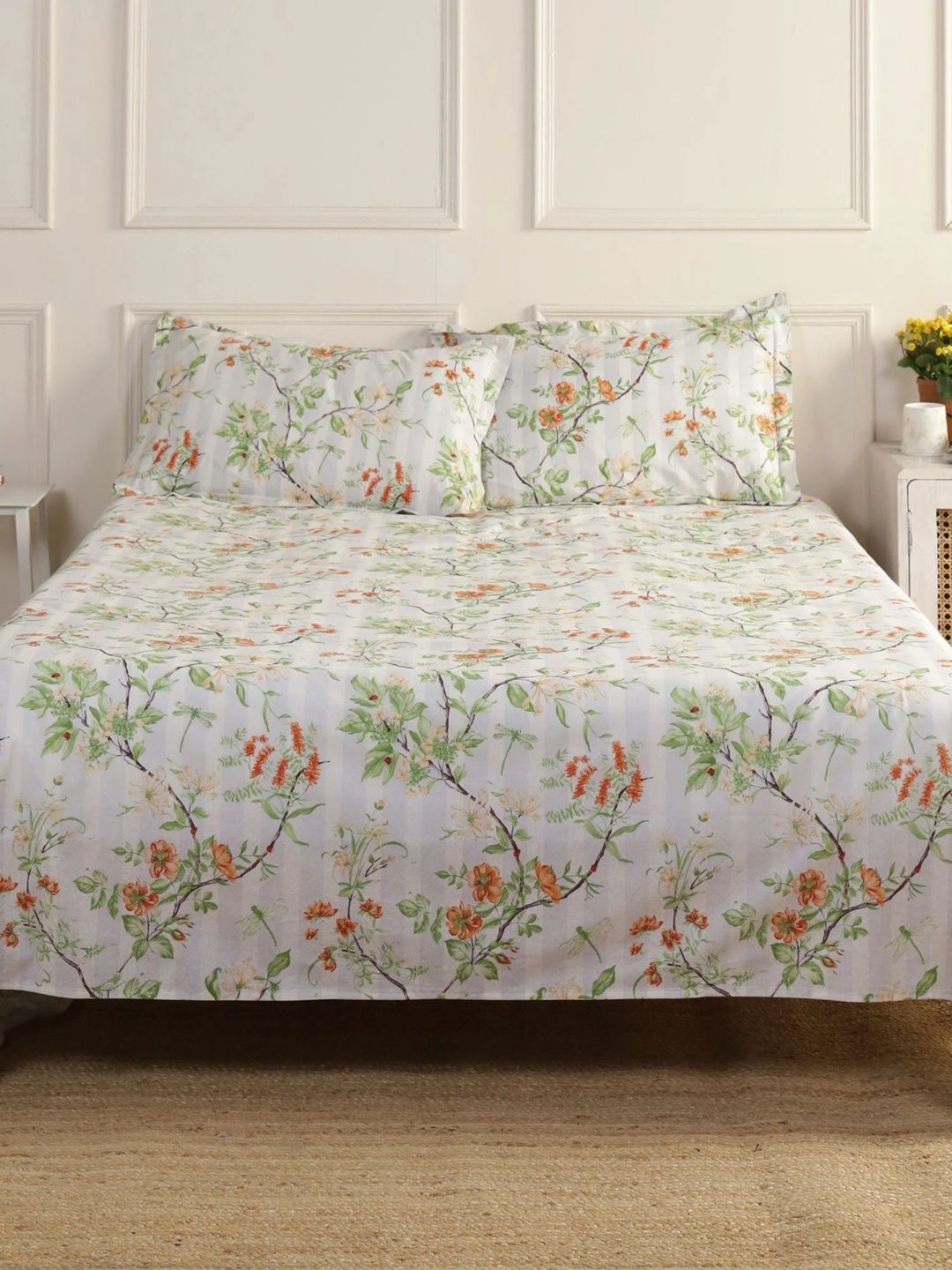 Homeful Style Green & Orange Floral 120 TC Queen Bedsheet with 2 Pillow Covers-picture-19