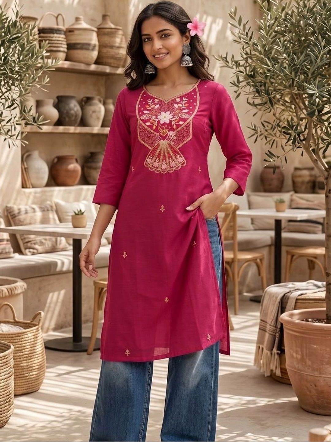 MYTHDRIP Ethnic Motifs Embroidered V-Neck Thread Work Pure Cotton Thread Work Kurti-picture-33