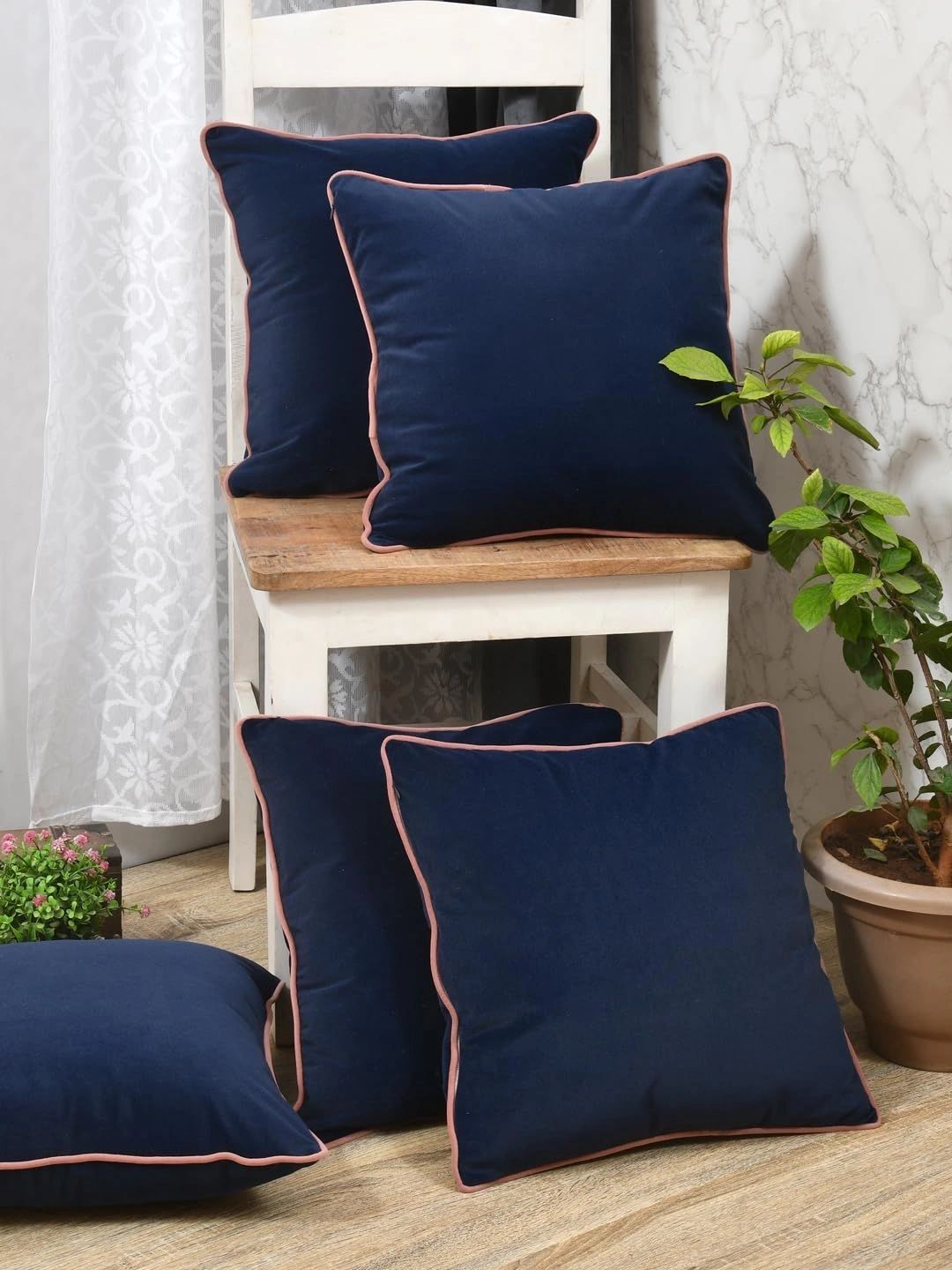 Myntra Elegant Homes Blue & Pink Set of 5 Velvet Square Cushion Covers-image-30